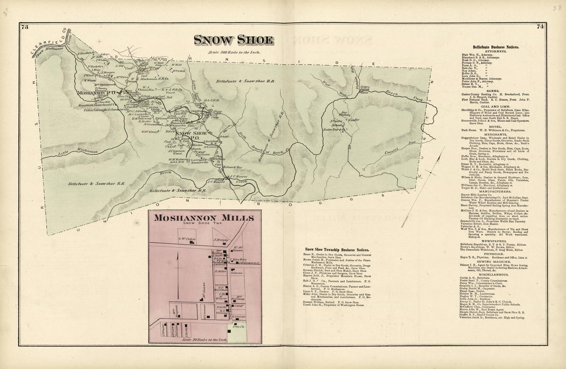 This old map of Snow Shoe; Moshannon Mills from Atlas of Centre County, Pennsylvania from 1874 was created by Beach Nichols in 1874