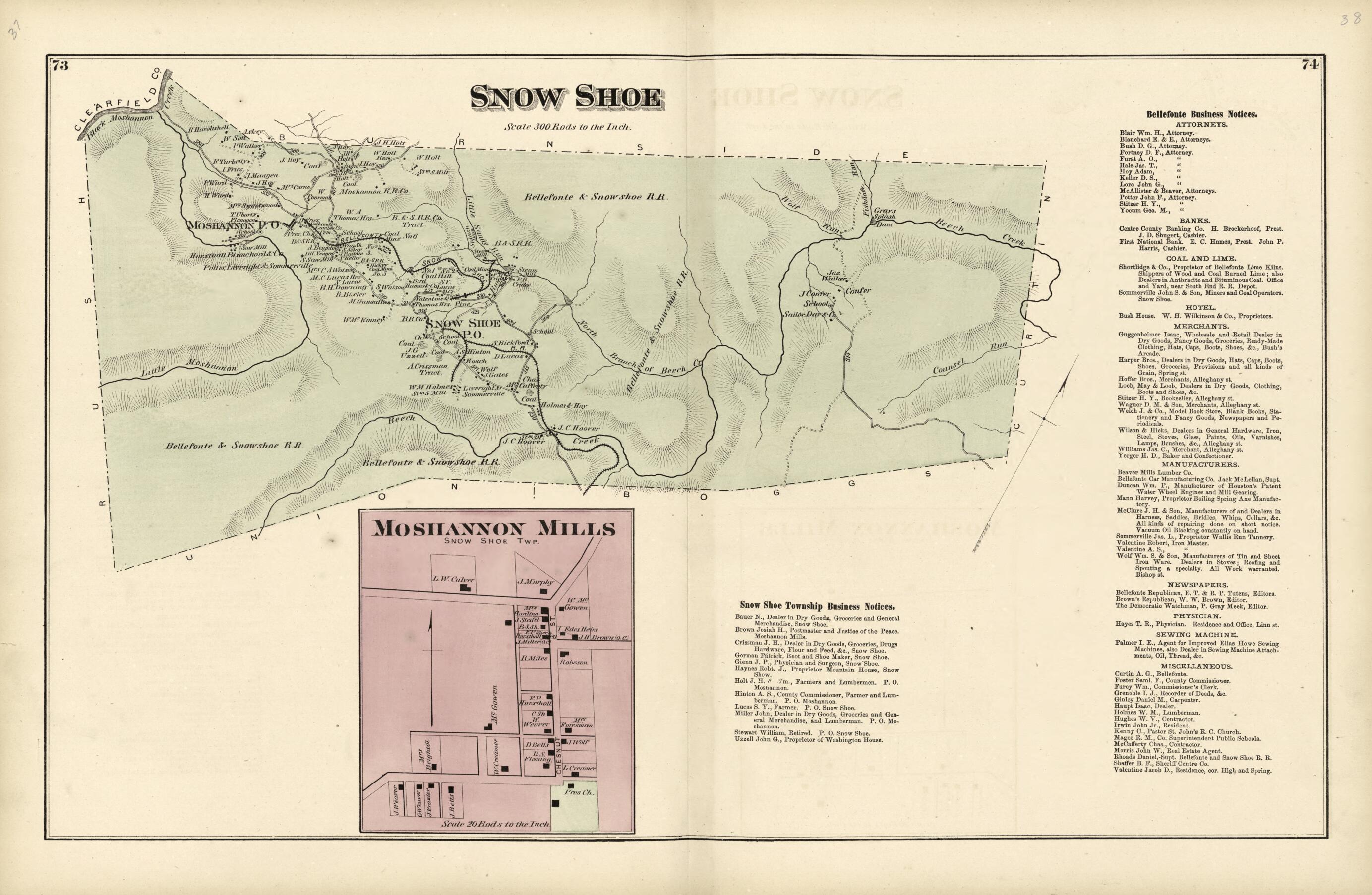 This old map of Snow Shoe; Moshannon Mills from Atlas of Centre County, Pennsylvania from 1874 was created by Beach Nichols in 1874