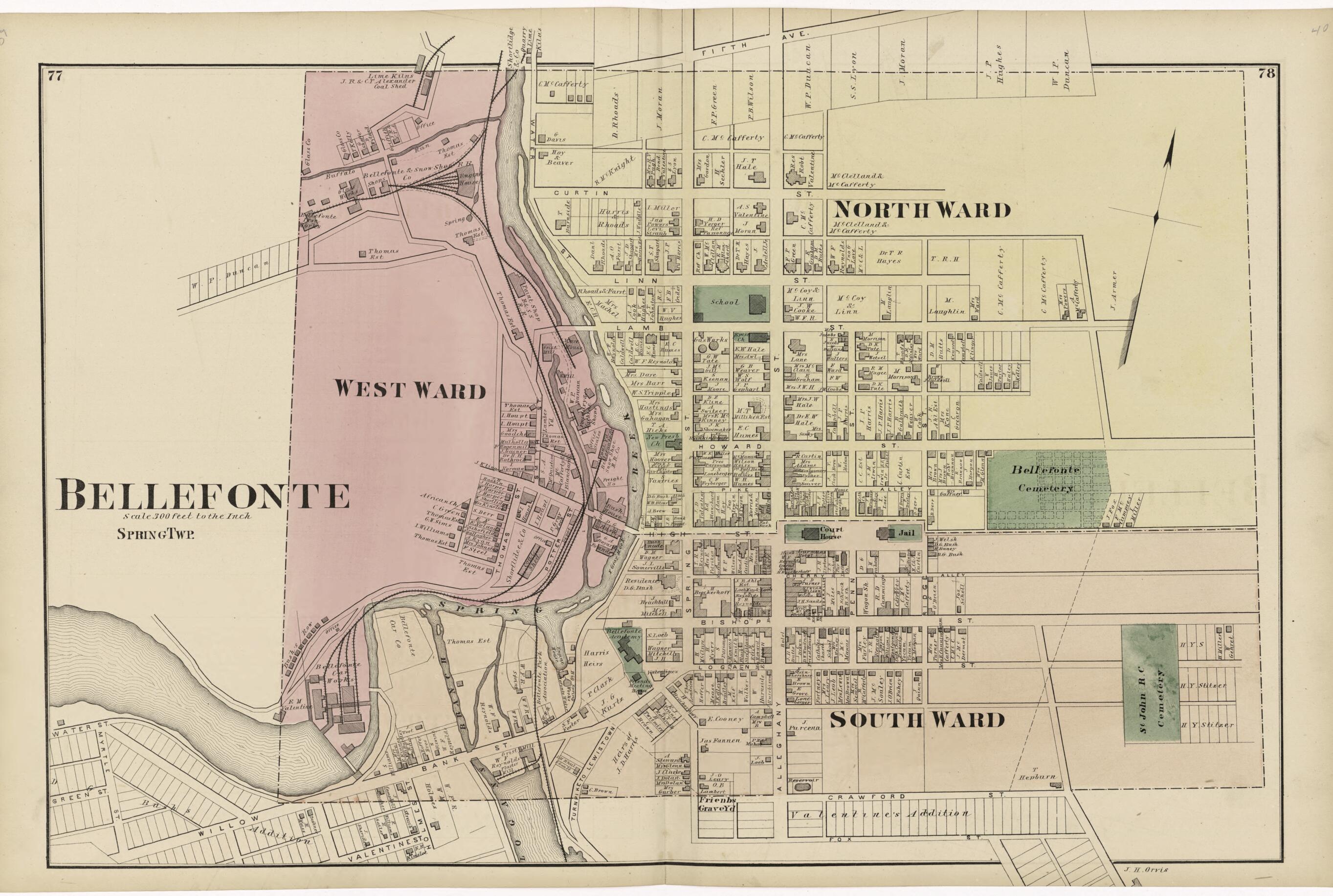 This old map of Bellefonte from Atlas of Centre County, Pennsylvania from 1874 was created by Beach Nichols in 1874