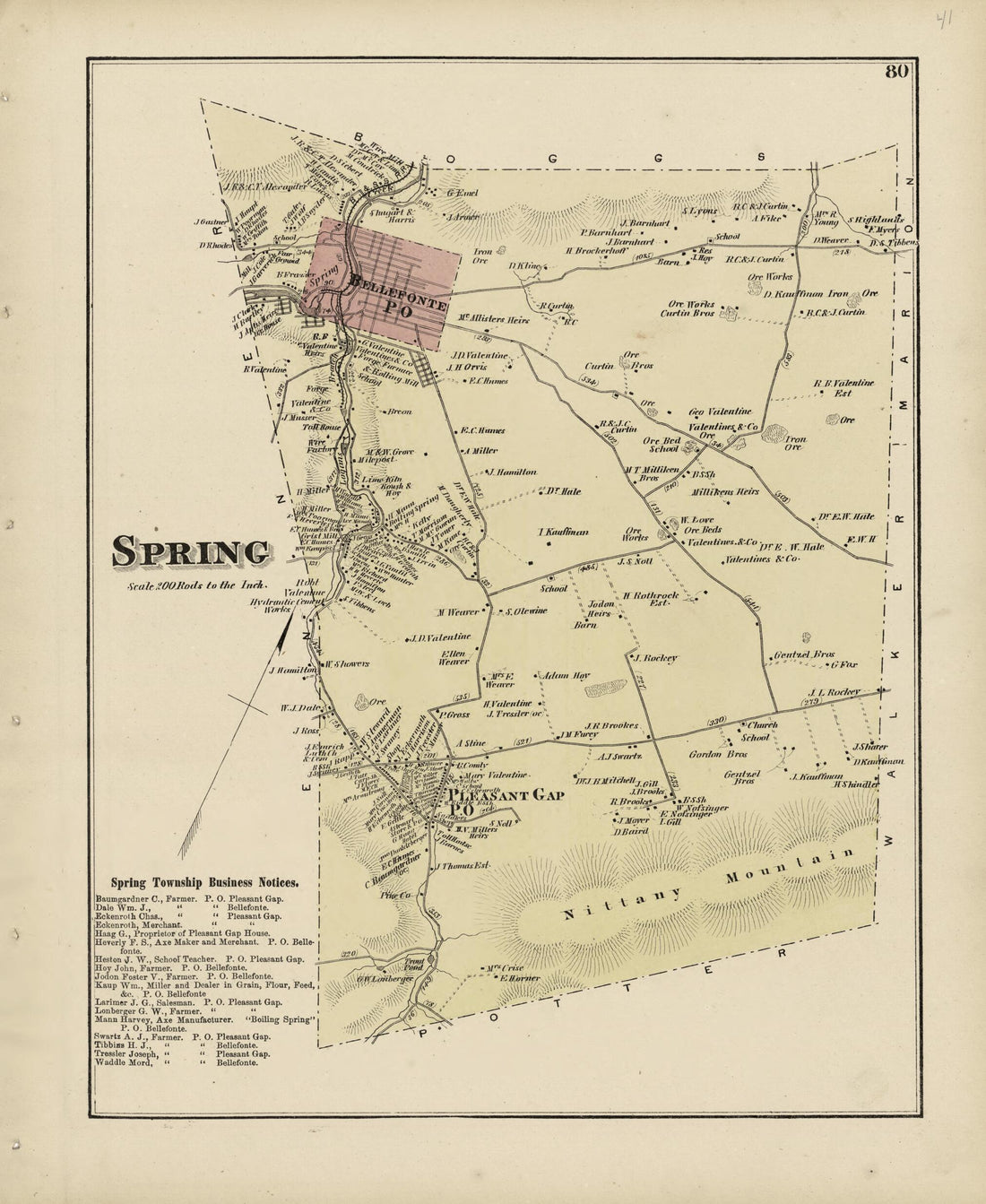 This old map of Spring from Atlas of Centre County, Pennsylvania from 1874 was created by Beach Nichols in 1874