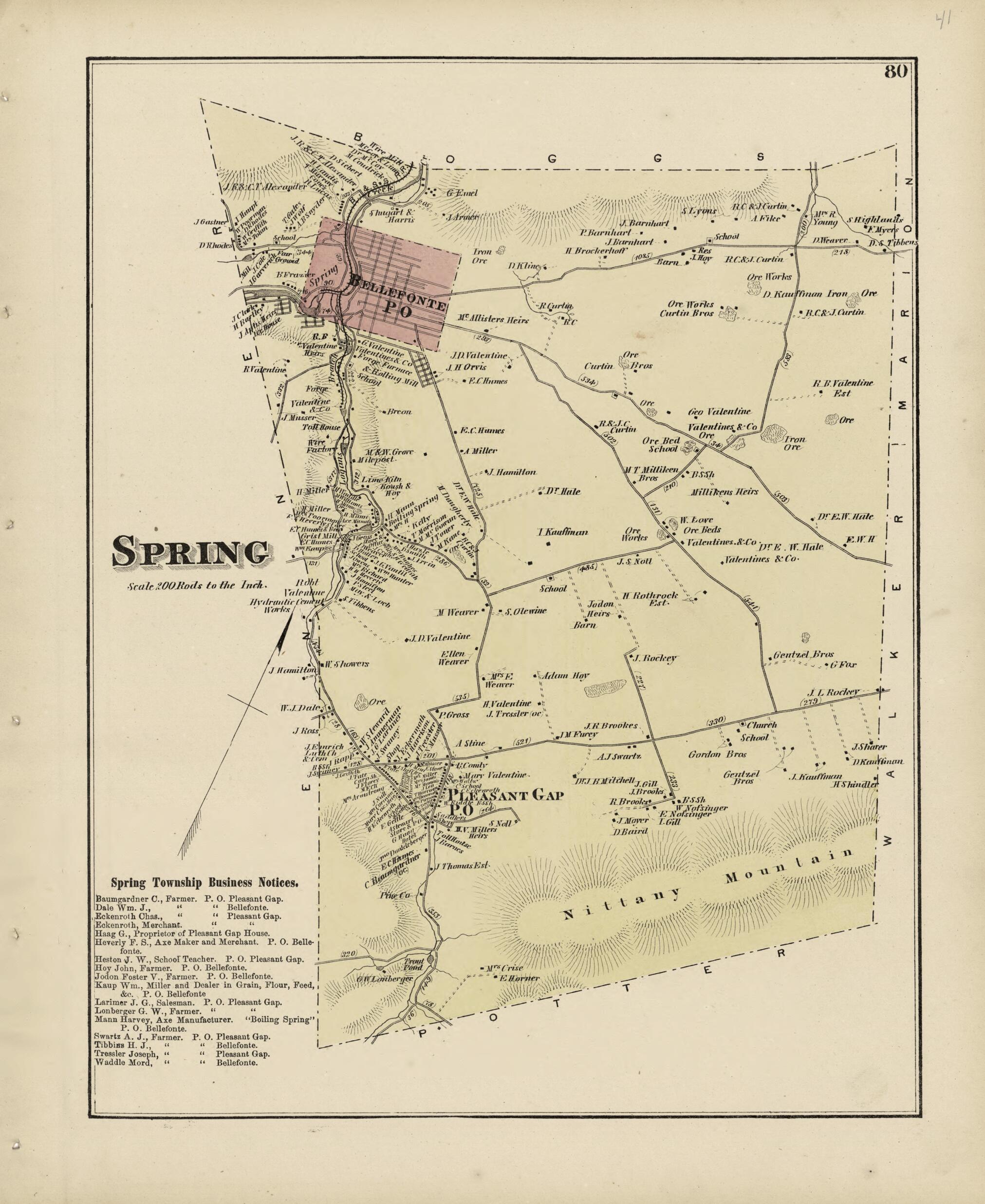 This old map of Spring from Atlas of Centre County, Pennsylvania from 1874 was created by Beach Nichols in 1874
