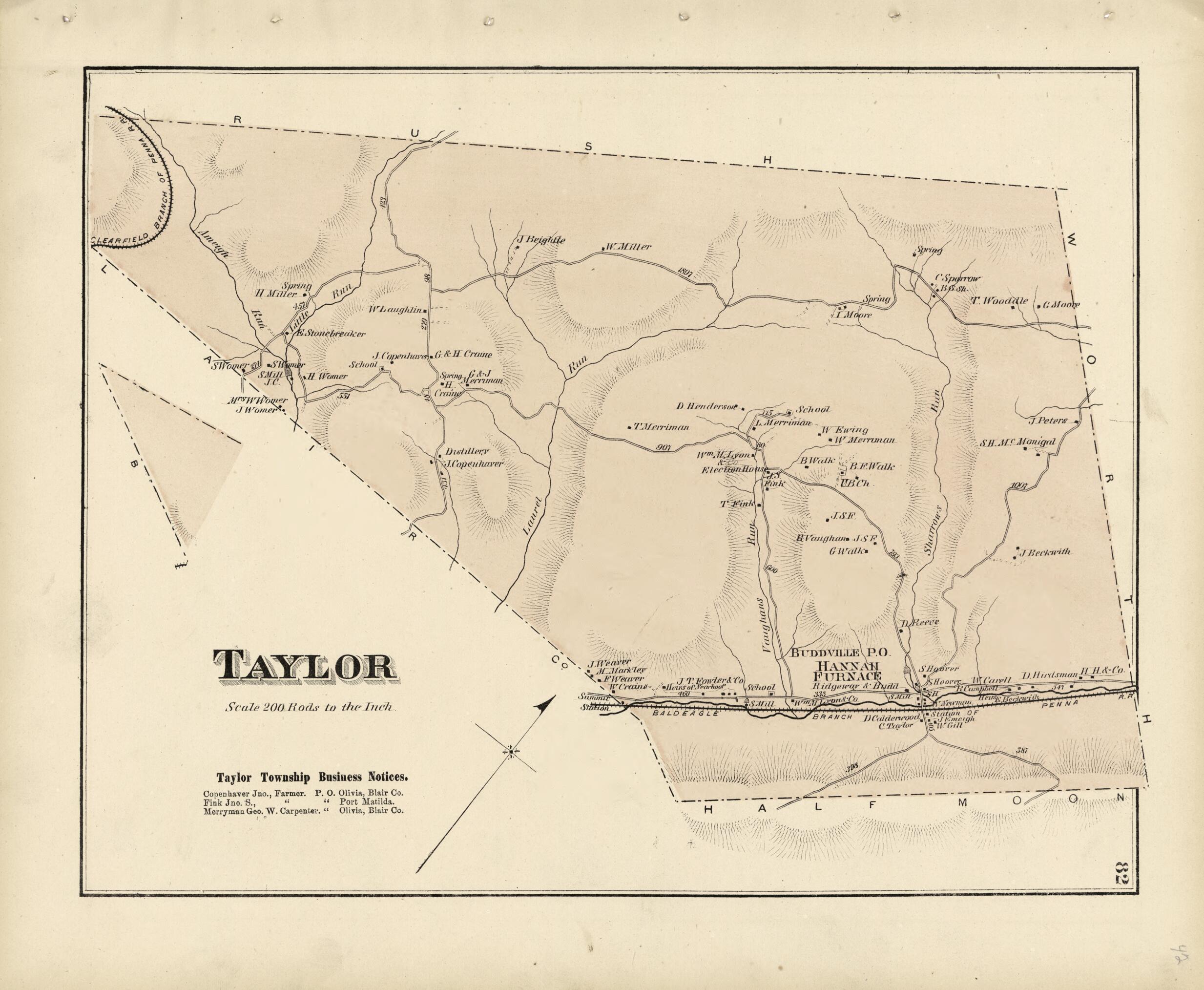 This old map of Taylor from Atlas of Centre County, Pennsylvania from 1874 was created by Beach Nichols in 1874
