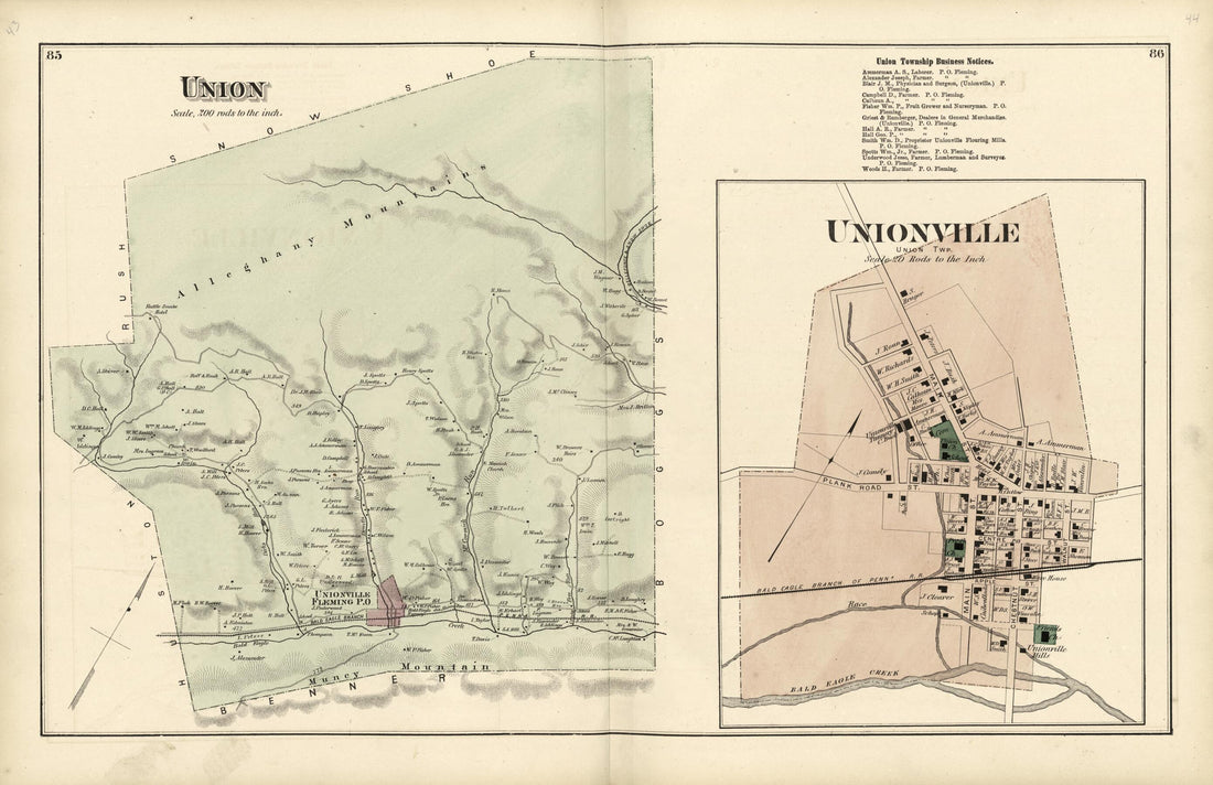 This old map of Union; Unionville from Atlas of Centre County, Pennsylvania from 1874 was created by Beach Nichols in 1874