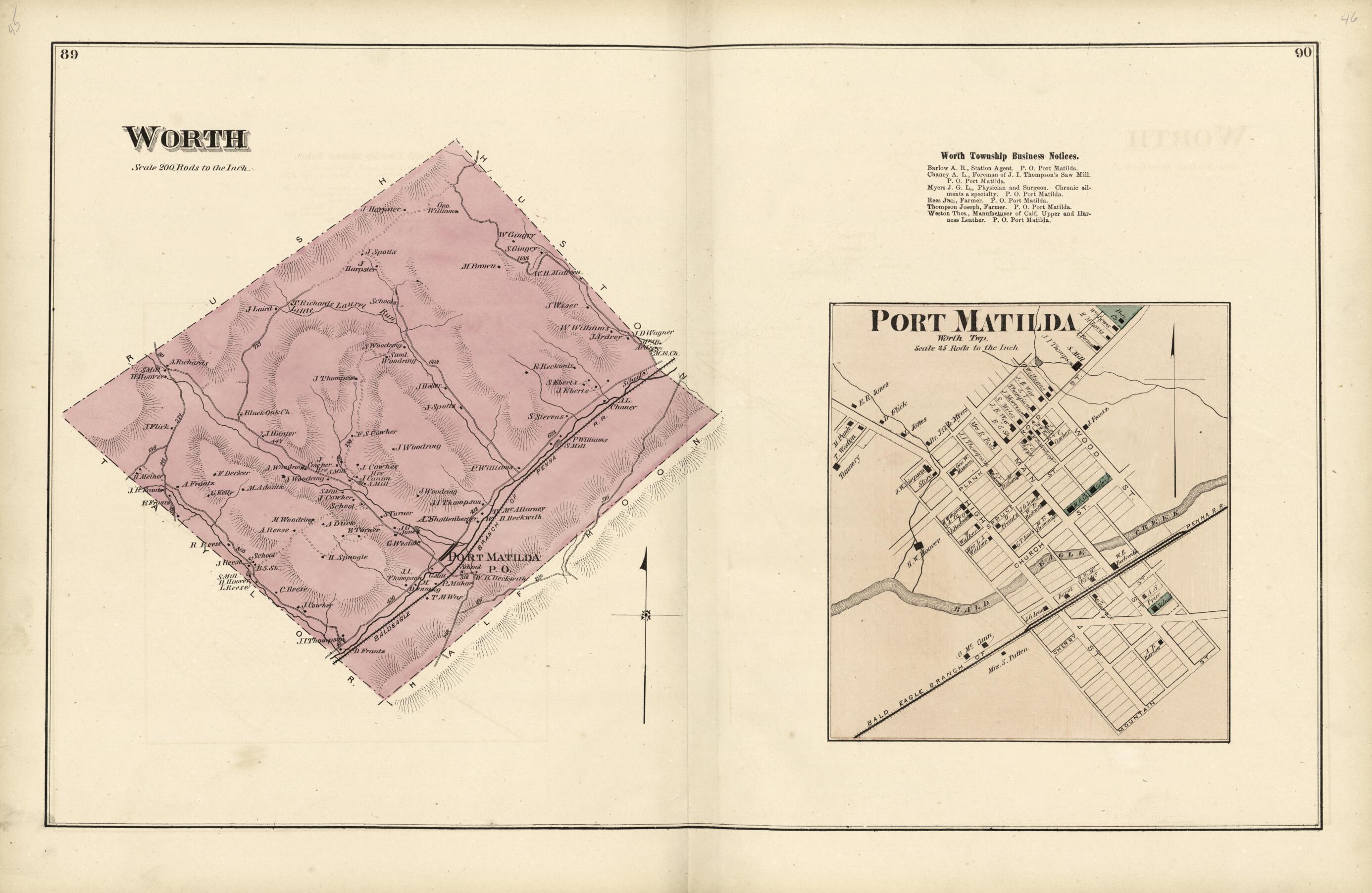 This old map of Worth; Port Matilda from Atlas of Centre County, Pennsylvania from 1874 was created by Beach Nichols in 1874