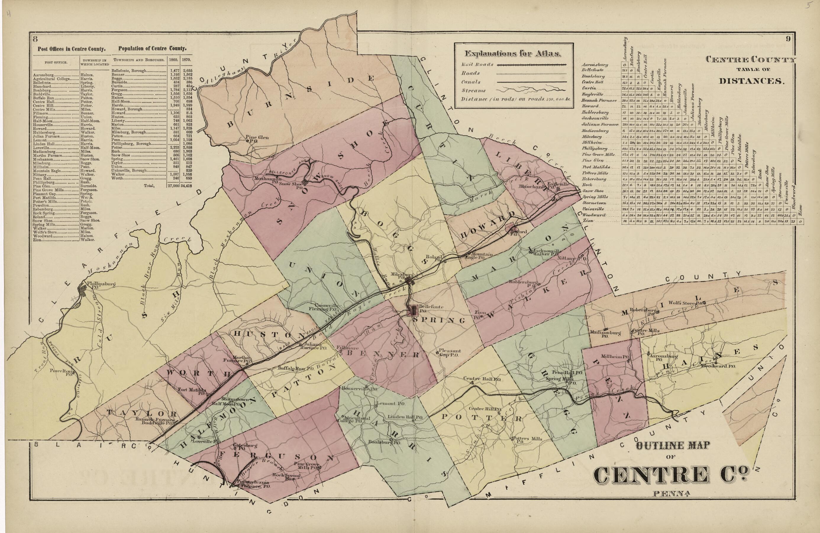 This old map of Outline Map of Centre County, Pennsylvania from Atlas of Centre County, Pennsylvania from 1874 was created by Beach Nichols in 1874