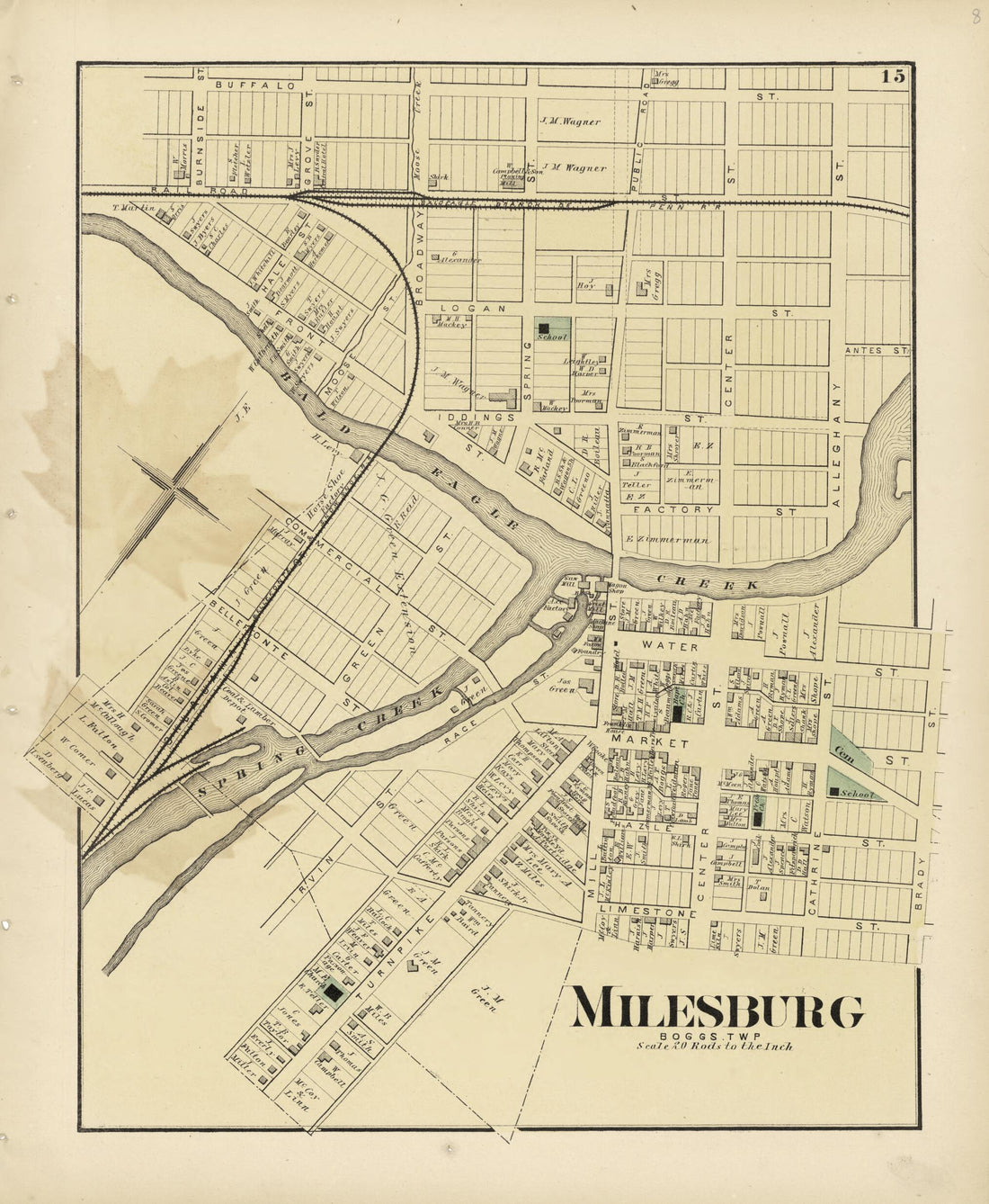 This old map of Milesburg from Atlas of Centre County, Pennsylvania from 1874 was created by Beach Nichols in 1874