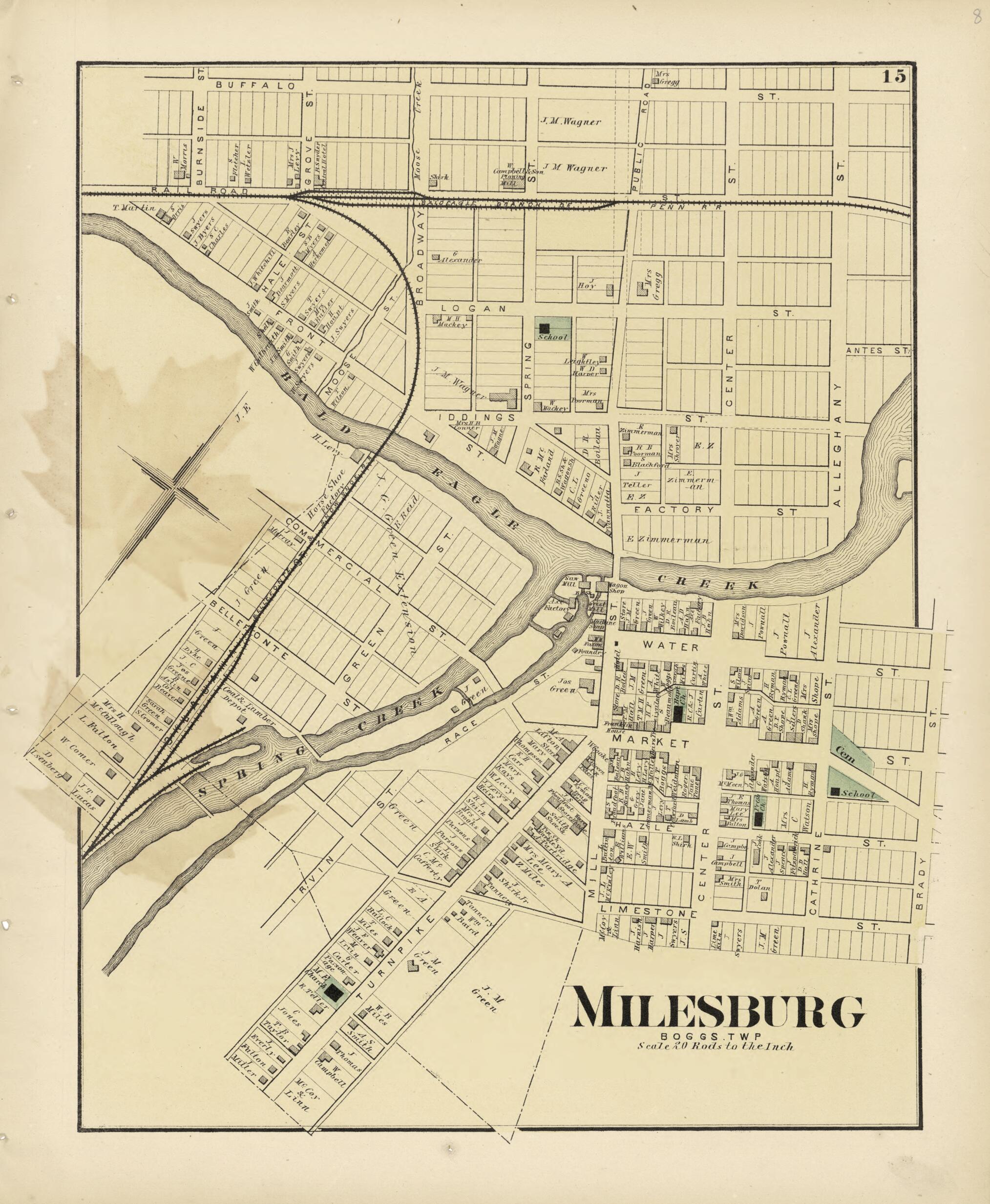 This old map of Milesburg from Atlas of Centre County, Pennsylvania from 1874 was created by Beach Nichols in 1874