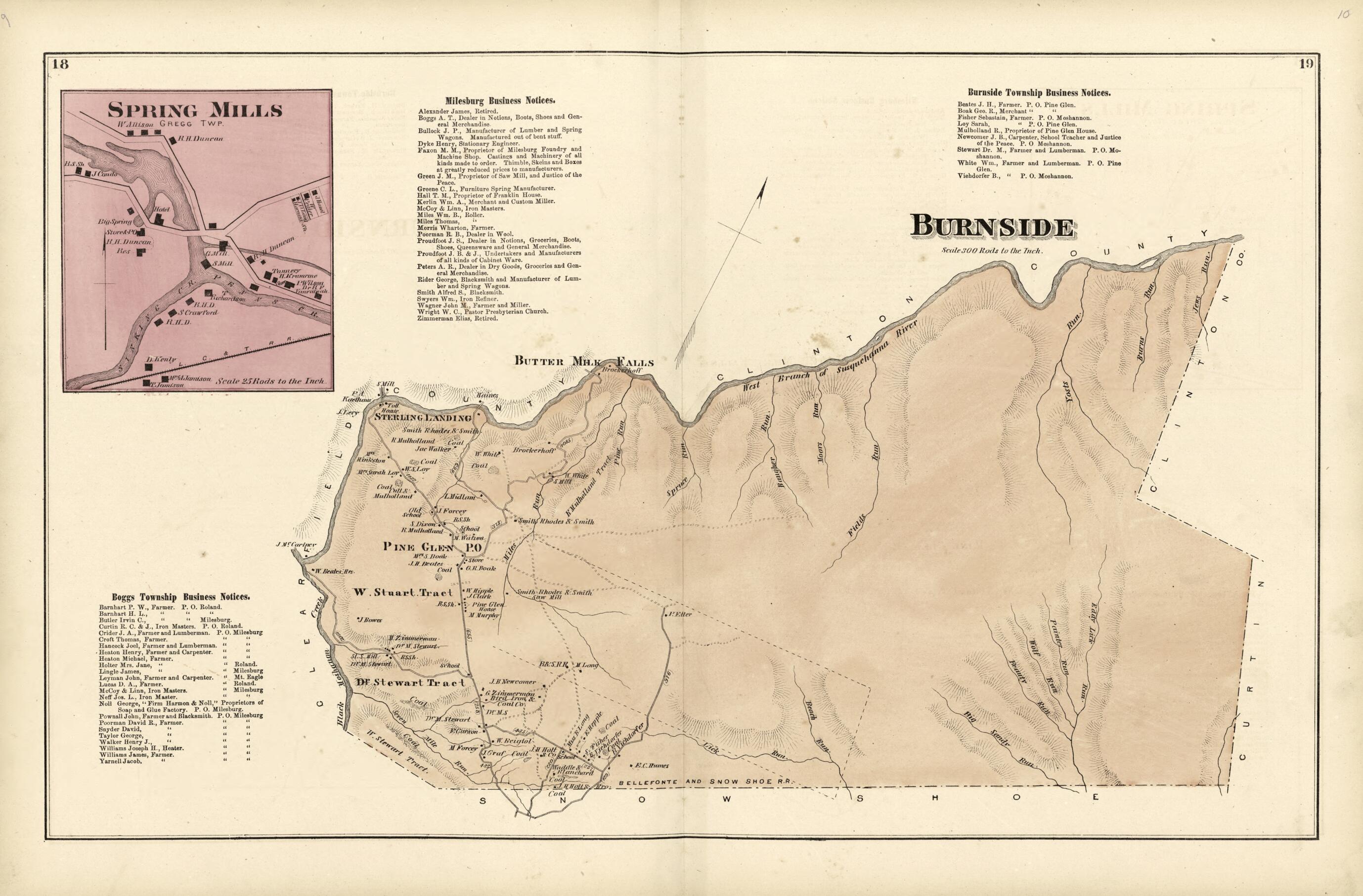 This old map of Burnside; Spring Mills from Atlas of Centre County, Pennsylvania from 1874 was created by Beach Nichols in 1874