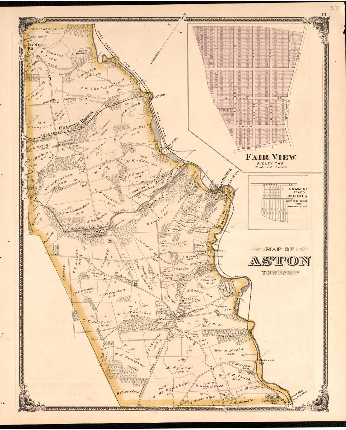 This old map of Map of Aston from New Historical Atlas of Delaware Co., Pennsylvania : from 1875 was created by Norman M. Friend in 1875