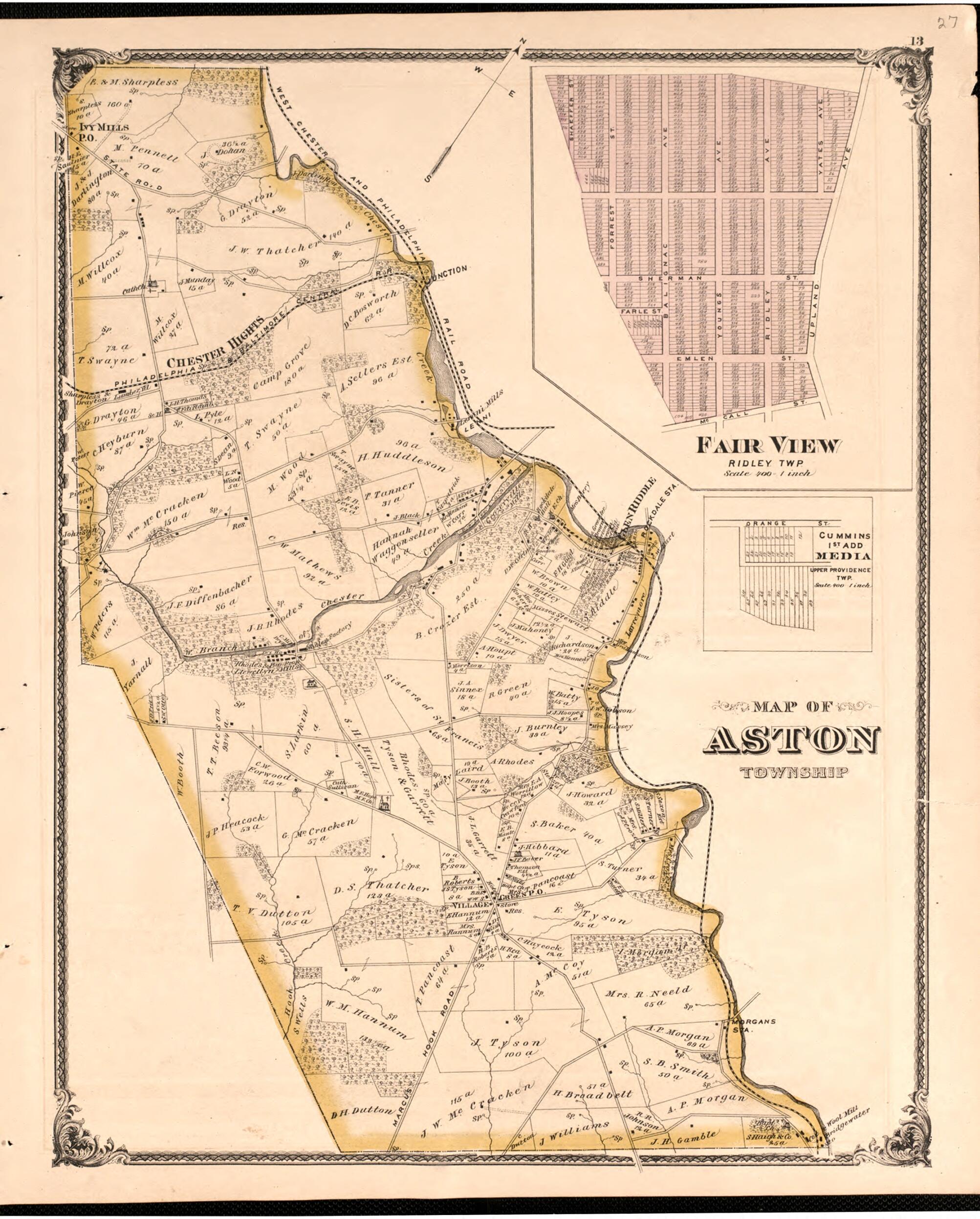 This old map of Map of Aston from New Historical Atlas of Delaware Co., Pennsylvania : from 1875 was created by Norman M. Friend in 1875