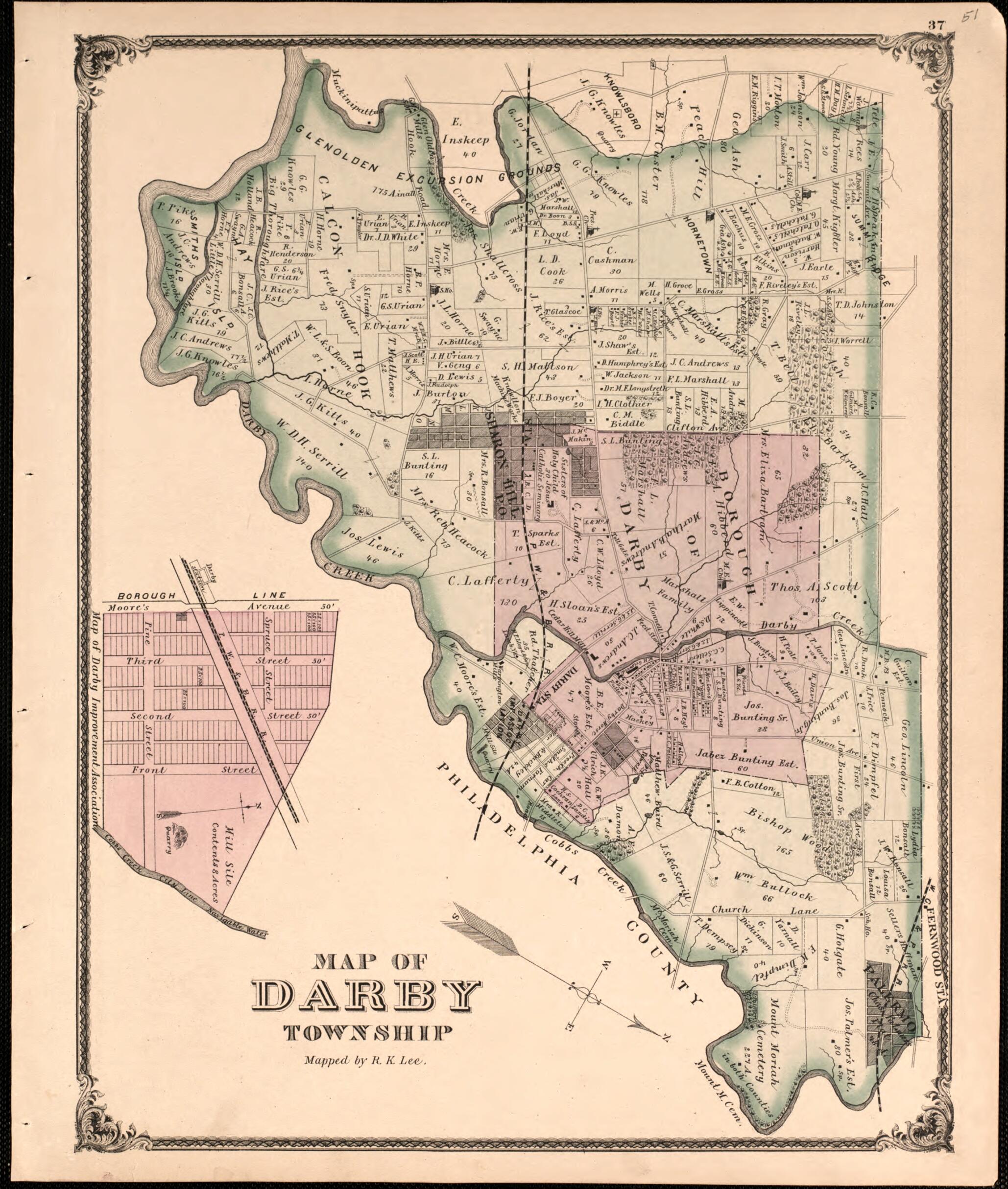 This old map of Darby Township from New Historical Atlas of Delaware Co., Pennsylvania : from 1875 was created by Norman M. Friend in 1875