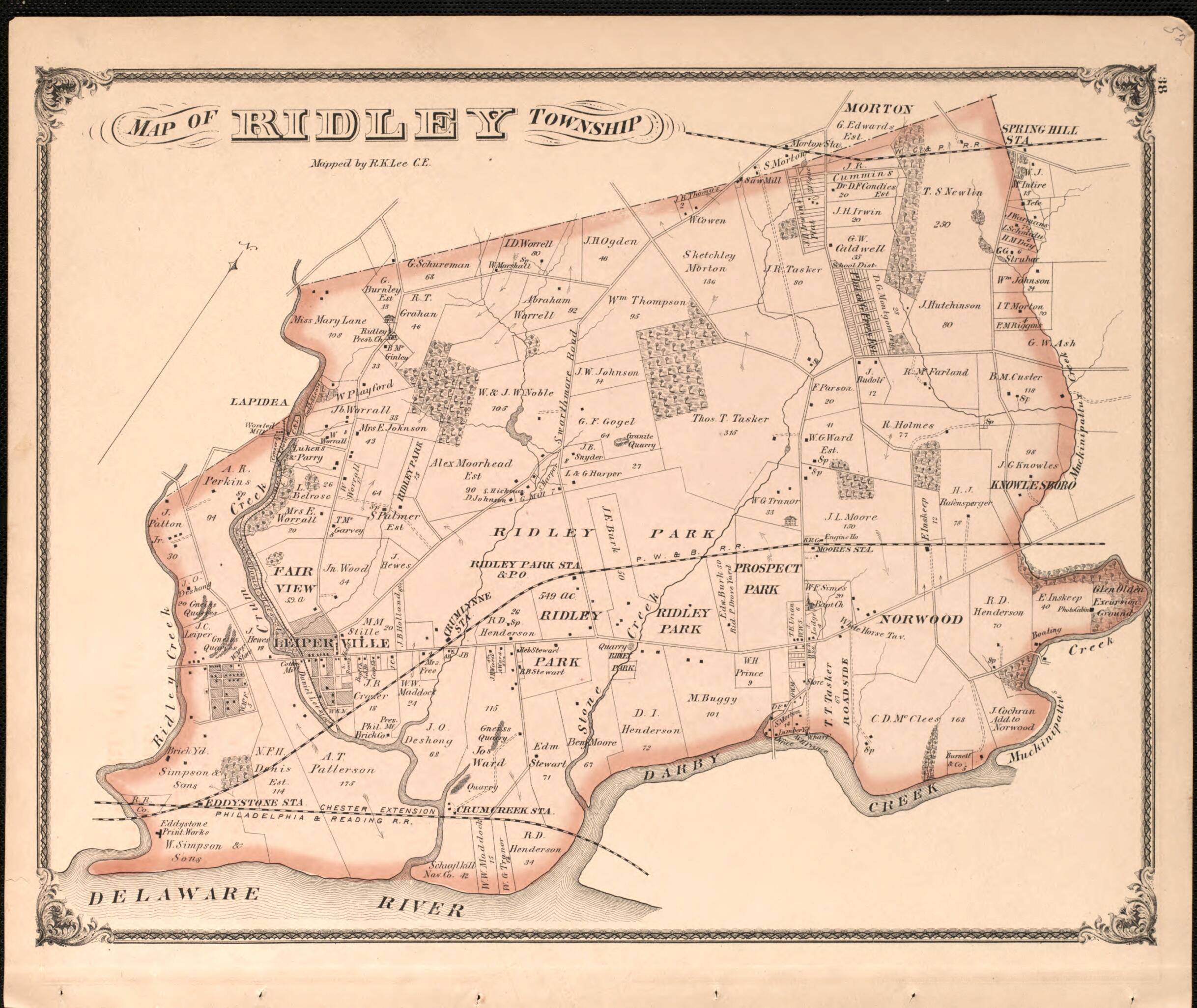 This old map of Ridley Township from New Historical Atlas of Delaware Co., Pennsylvania : from 1875 was created by Norman M. Friend in 1875