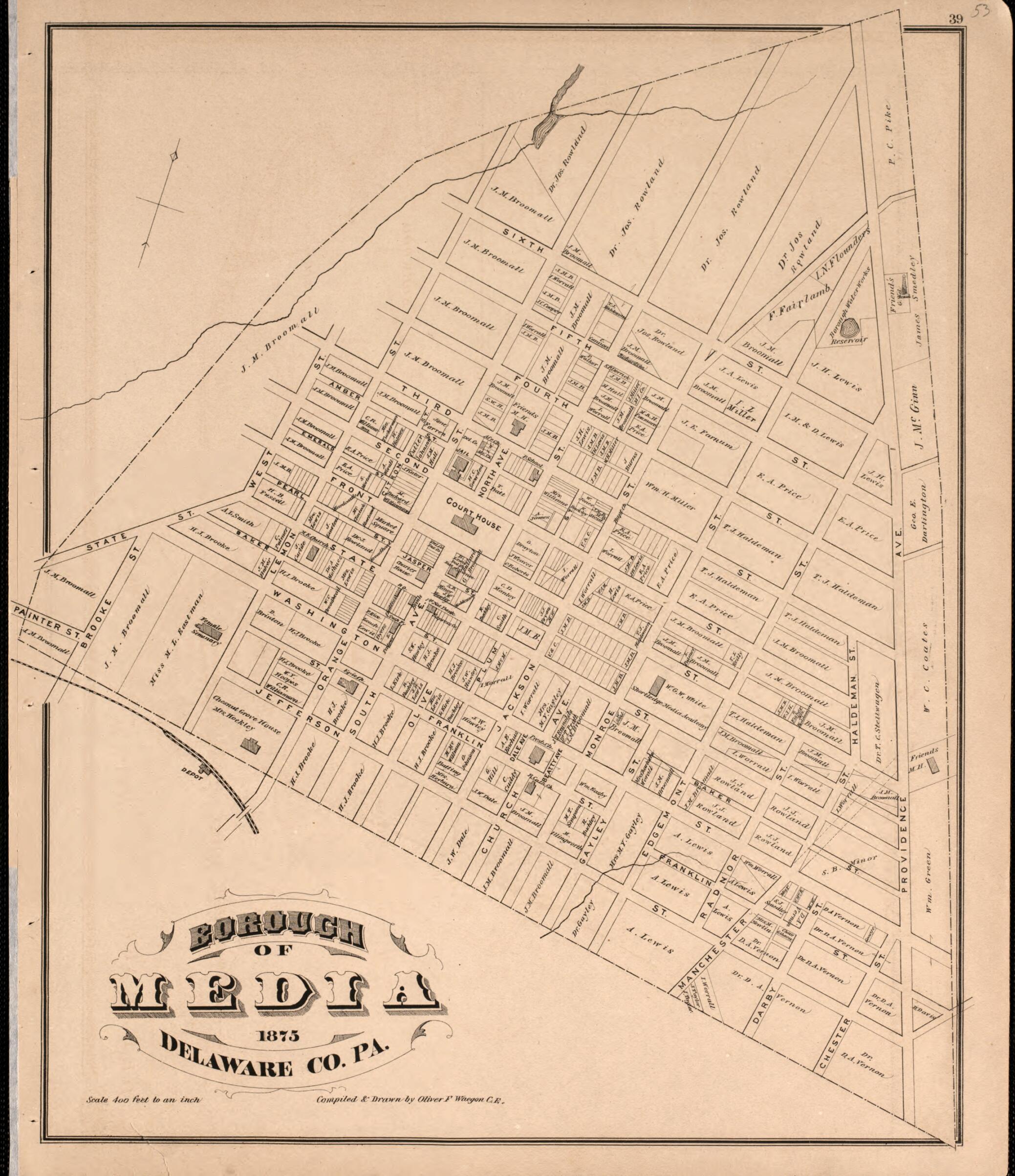 This old map of Media from New Historical Atlas of Delaware Co., Pennsylvania : from 1875 was created by Norman M. Friend in 1875