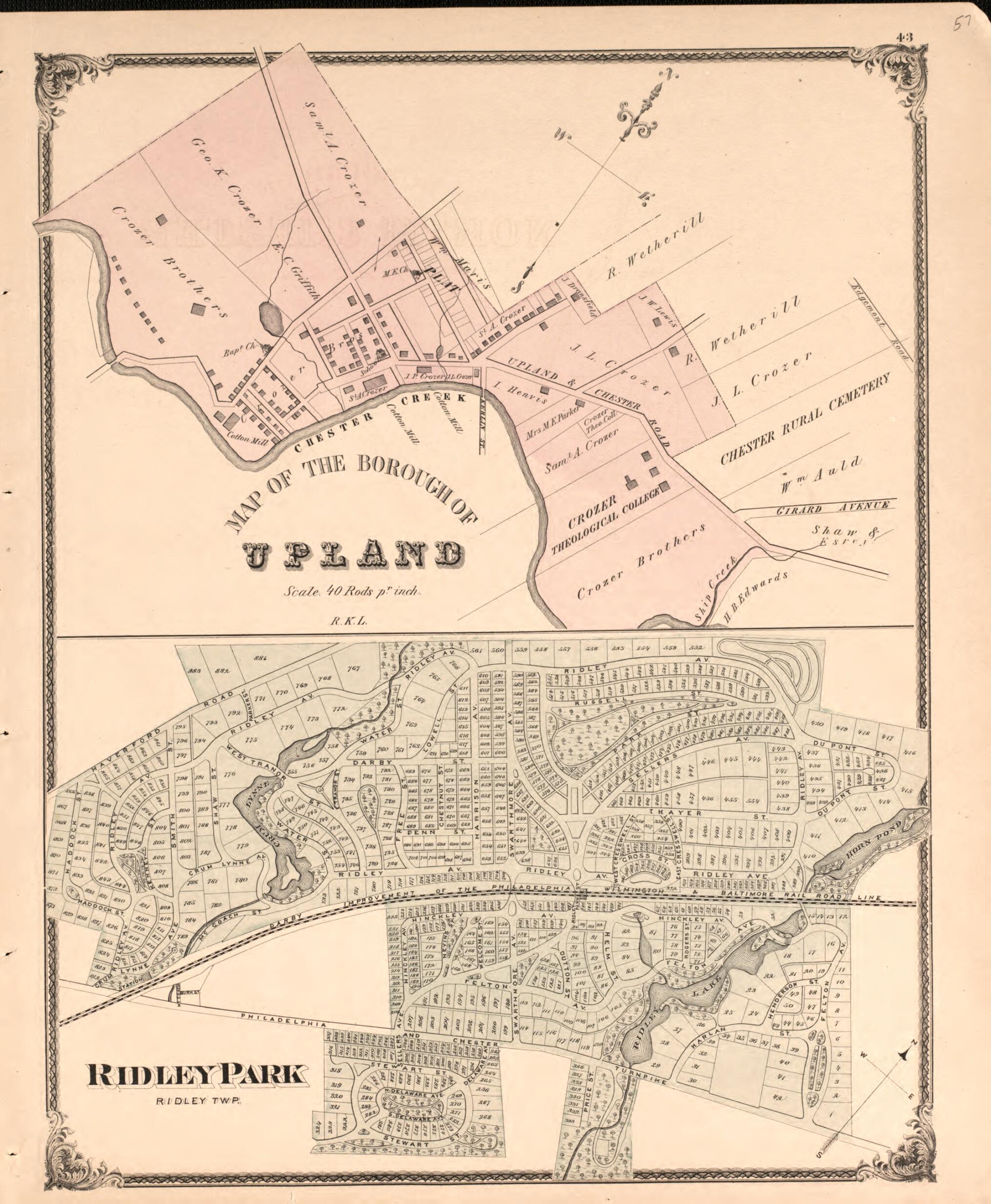 This old map of Upland/ Ridley from New Historical Atlas of Delaware Co., Pennsylvania : from 1875 was created by Norman M. Friend in 1875