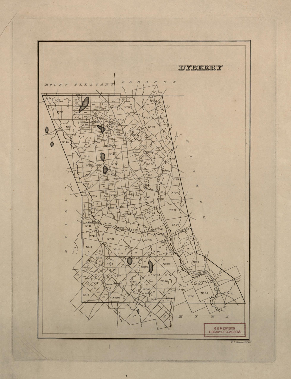 This old map of Dyberry from Warrantee Landholdings In the Townships of Wayne County, Pa., Ca. from 1828-1835 from 1828 was created by Phineas Eldridge Hamm in 1828