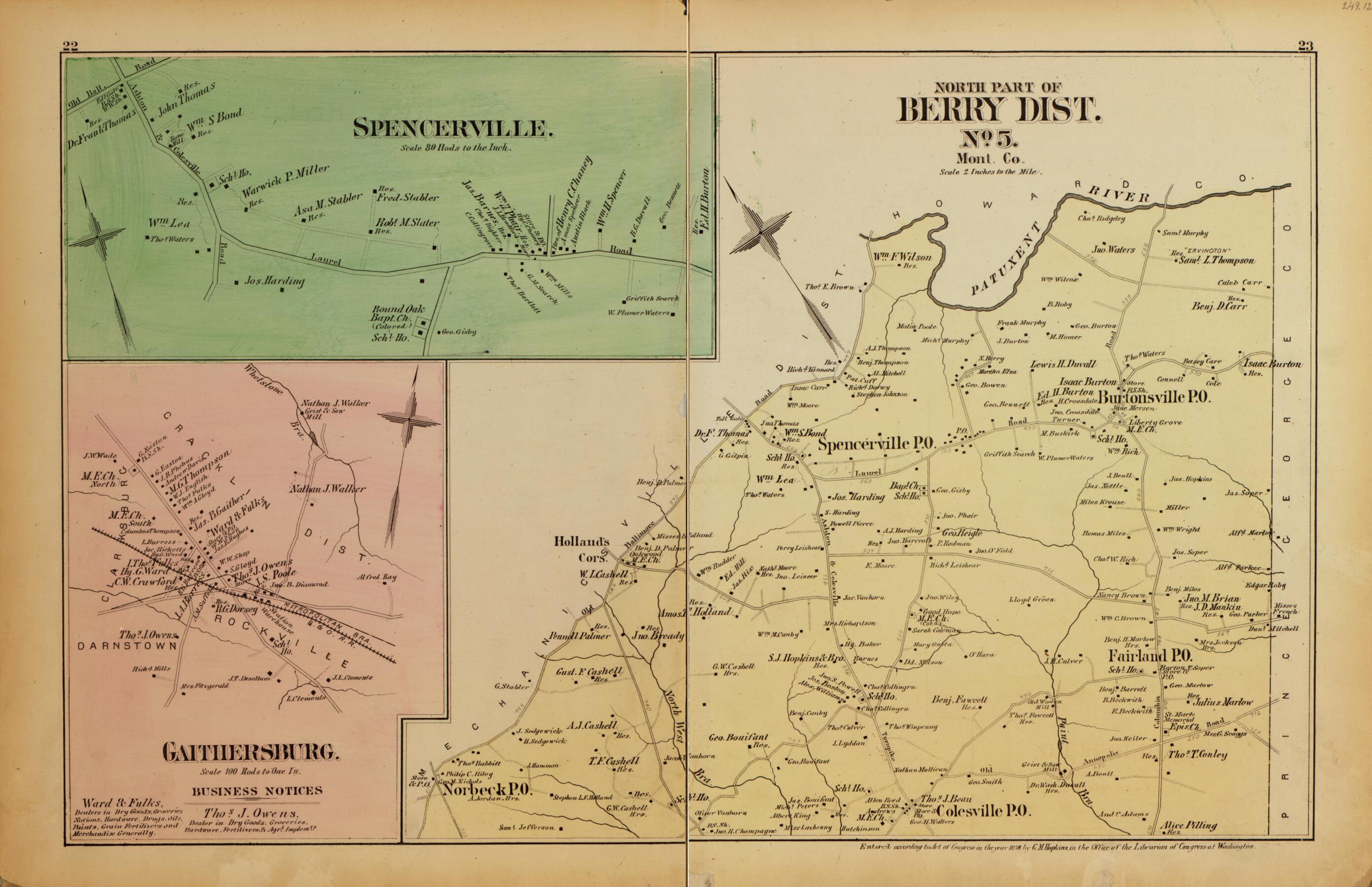 This old map of N. Part of Berry Dist. No. 5, Spencerville, Gaithersburg from Atlas of Fifteen Miles Around Washington, Including the County of Montgomery, Maryland from 1879 was created by Griffith Morgan Hopkins in 1879