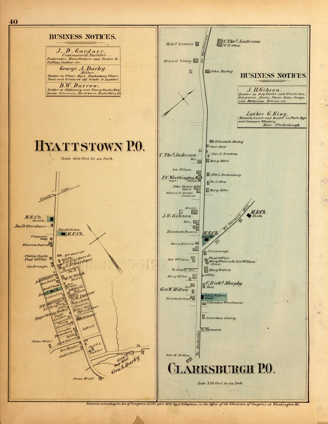 This old map of Hyattstown P.O., Clarksburgh P.O. from Atlas of Fifteen Miles Around Washington, Including the County of Montgomery, Maryland from 1879 was created by Griffith Morgan Hopkins in 1879