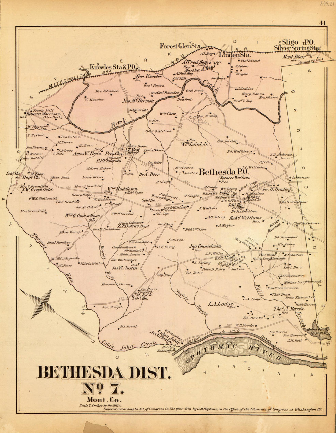 This old map of Bethesda Dist. No. 7 from Atlas of Fifteen Miles Around Washington, Including the County of Montgomery, Maryland from 1879 was created by Griffith Morgan Hopkins in 1879