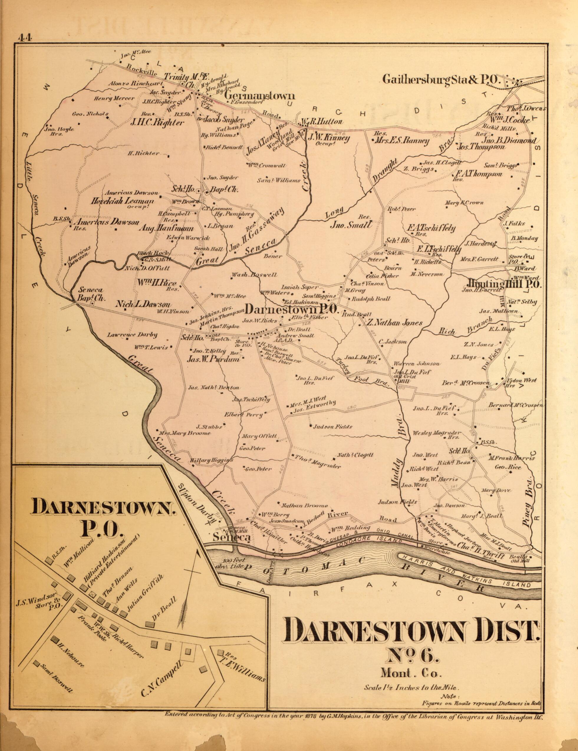 This old map of Darnestown Dist. No. 6 from Atlas of Fifteen Miles Around Washington, Including the County of Montgomery, Maryland from 1879 was created by Griffith Morgan Hopkins in 1879