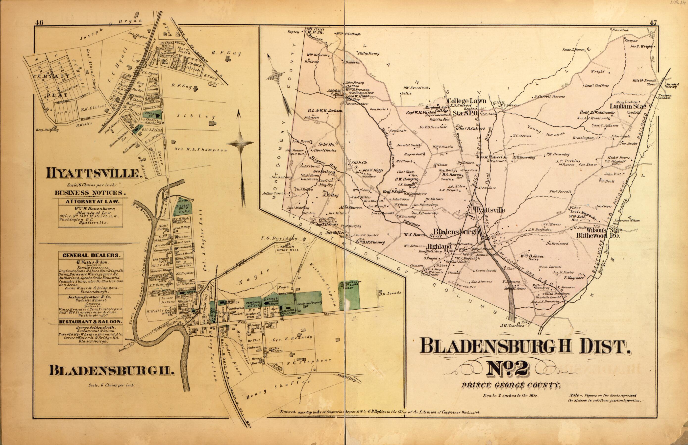 This old map of Bladensburgh Dist. No. 2 from Atlas of Fifteen Miles Around Washington, Including the County of Montgomery, Maryland from 1879 was created by Griffith Morgan Hopkins in 1879