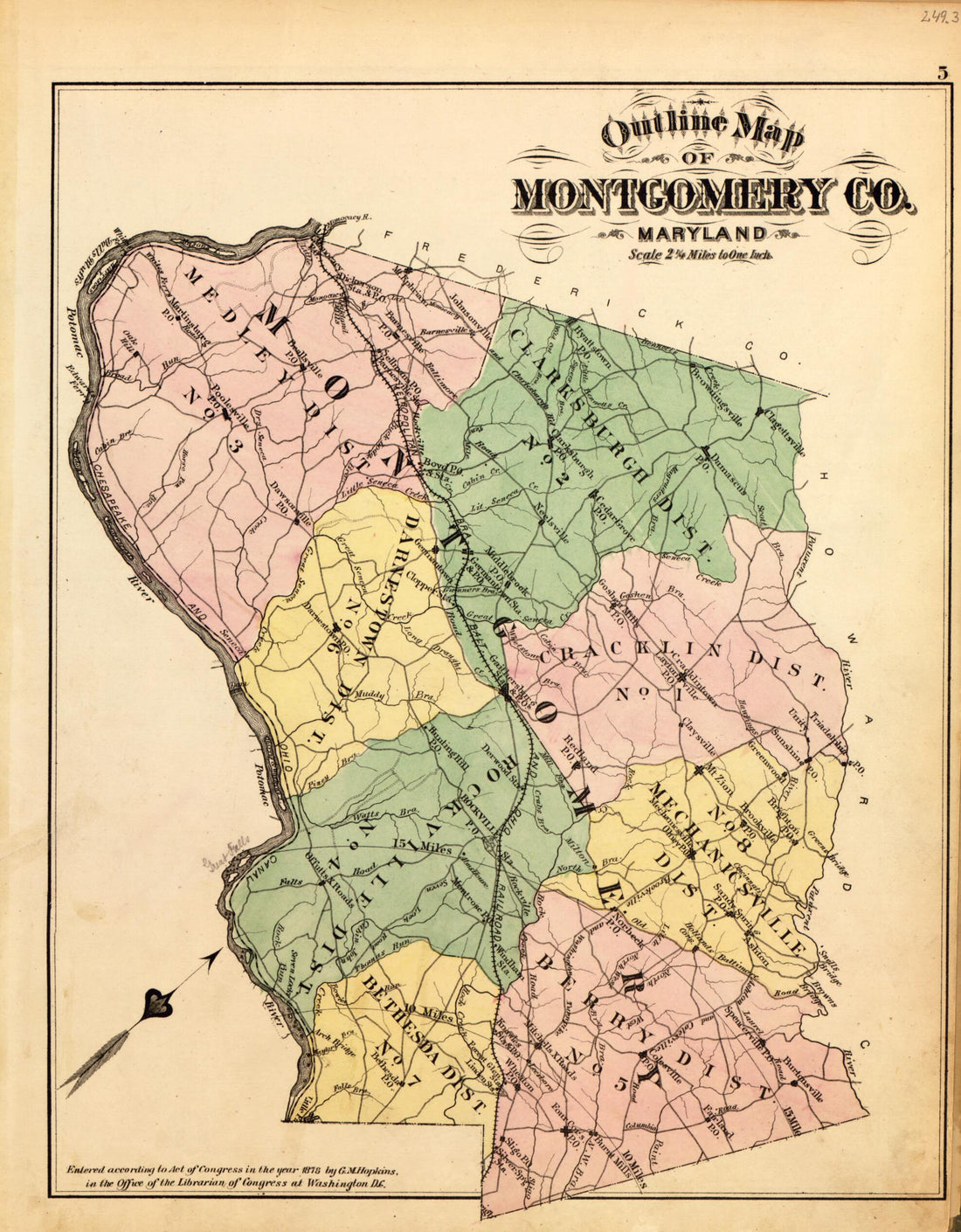 This old map of Montgomery County from Atlas of Fifteen Miles Around Washington, Including the County of Montgomery, Maryland from 1879 was created by Griffith Morgan Hopkins in 1879