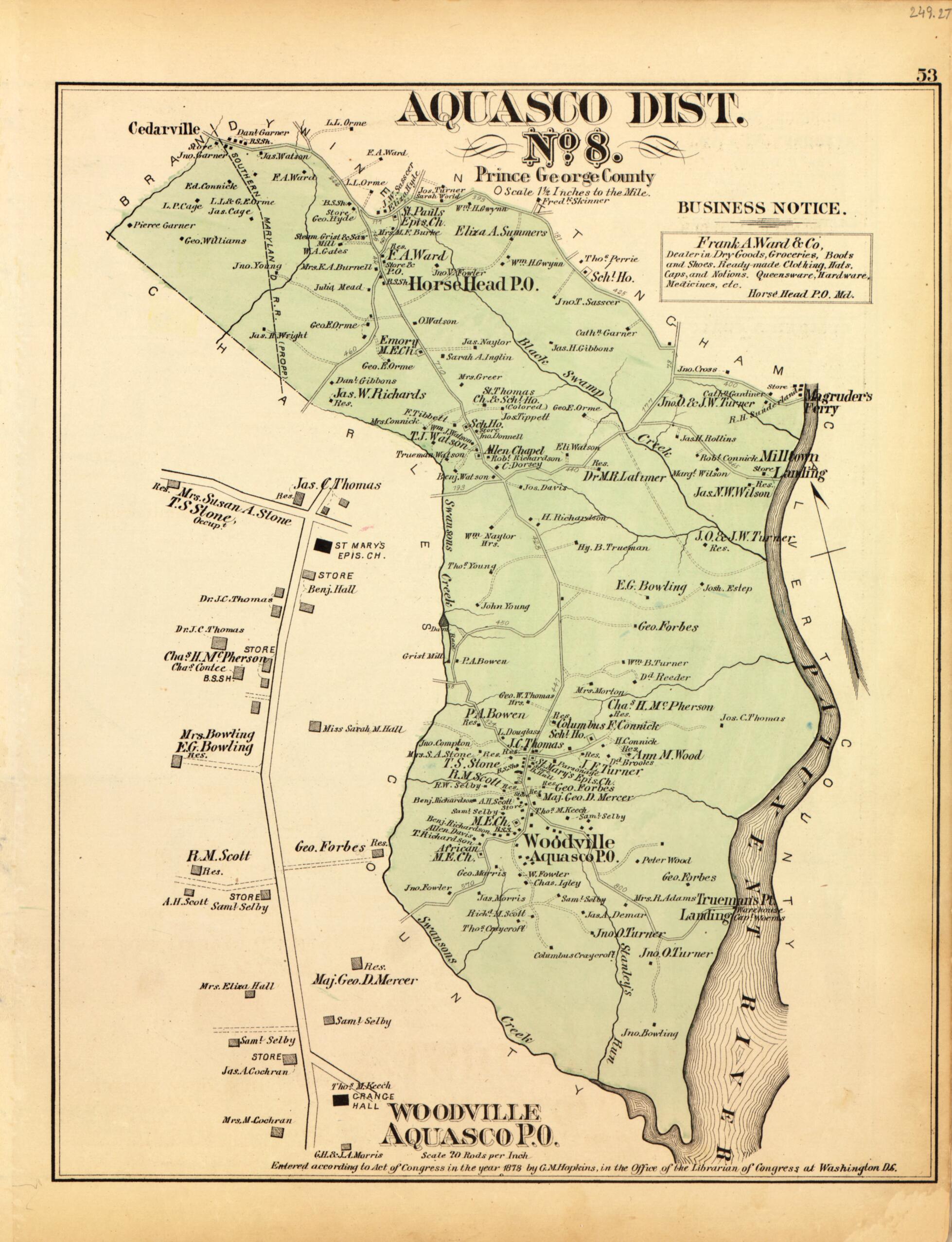 This old map of Aquasco Dist. No. 8 from Atlas of Fifteen Miles Around Washington, Including the County of Montgomery, Maryland from 1879 was created by Griffith Morgan Hopkins in 1879