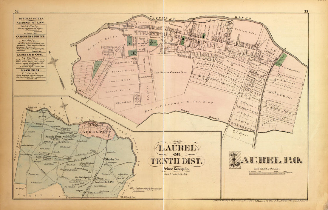 This old map of Laurel Or Tenth Dist. from Atlas of Fifteen Miles Around Washington, Including the County of Montgomery, Maryland from 1879 was created by Griffith Morgan Hopkins in 1879
