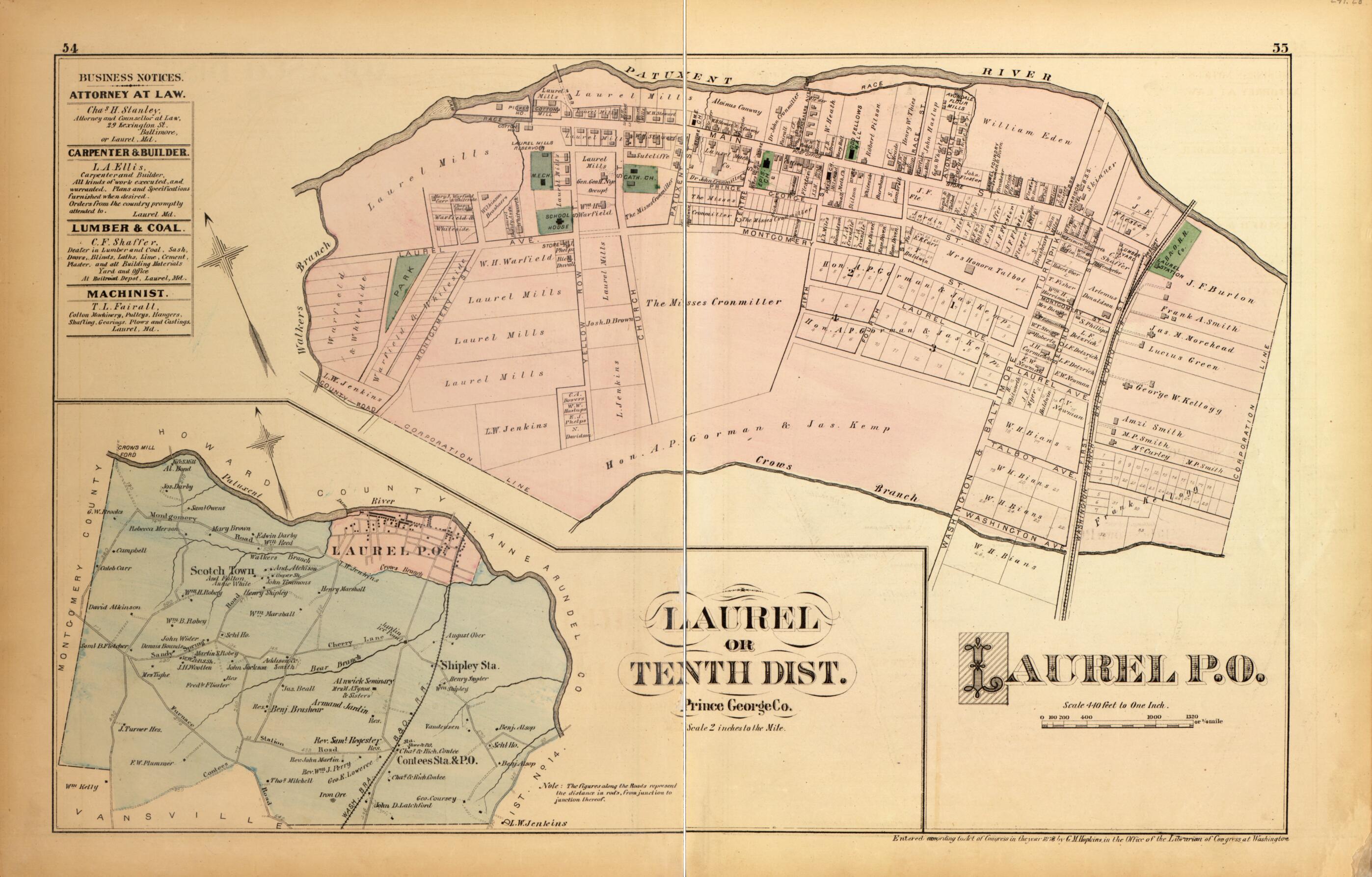 This old map of Laurel Or Tenth Dist. from Atlas of Fifteen Miles Around Washington, Including the County of Montgomery, Maryland from 1879 was created by Griffith Morgan Hopkins in 1879
