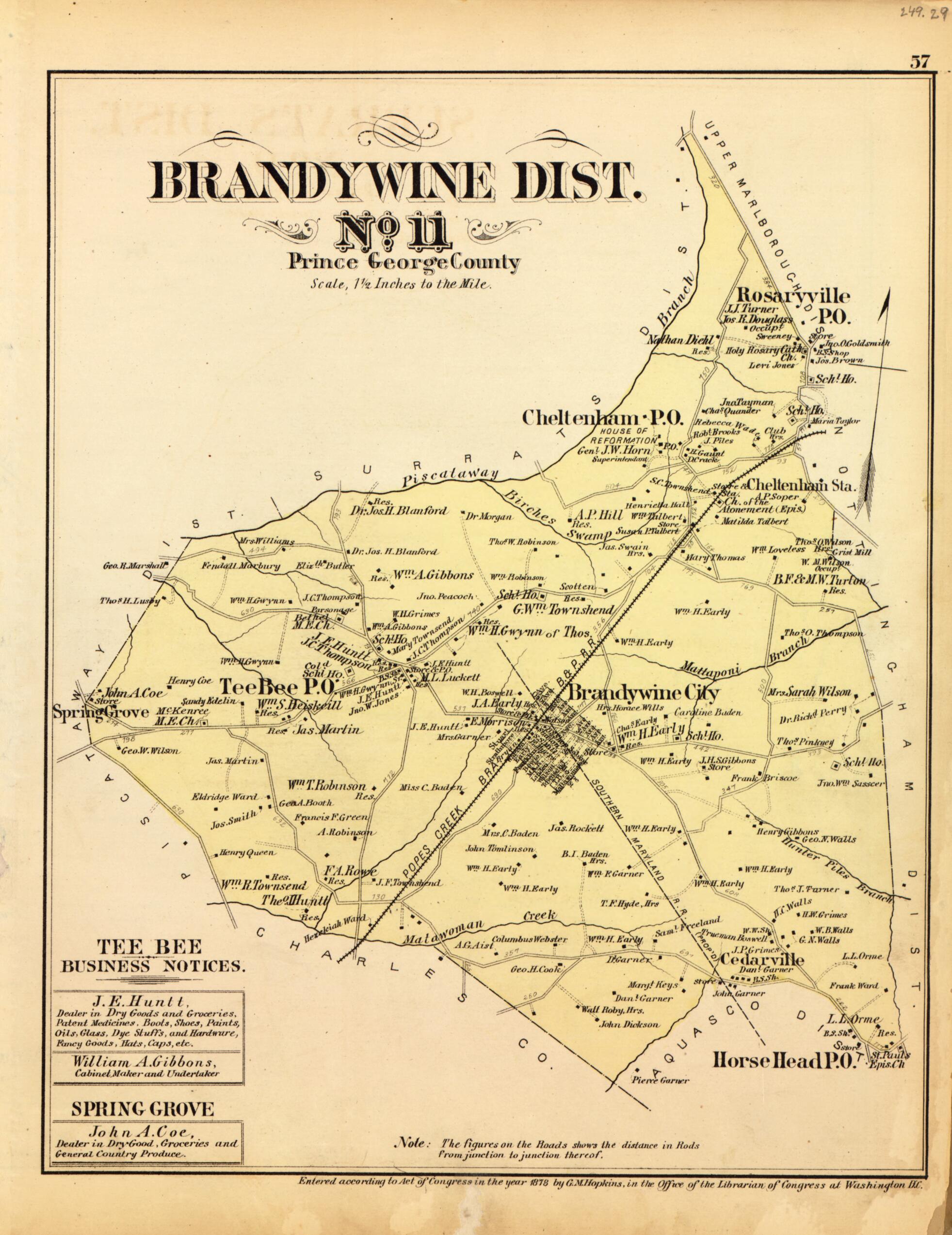This old map of Brandywine Dist. No. 11 from Atlas of Fifteen Miles Around Washington, Including the County of Montgomery, Maryland from 1879 was created by Griffith Morgan Hopkins in 1879