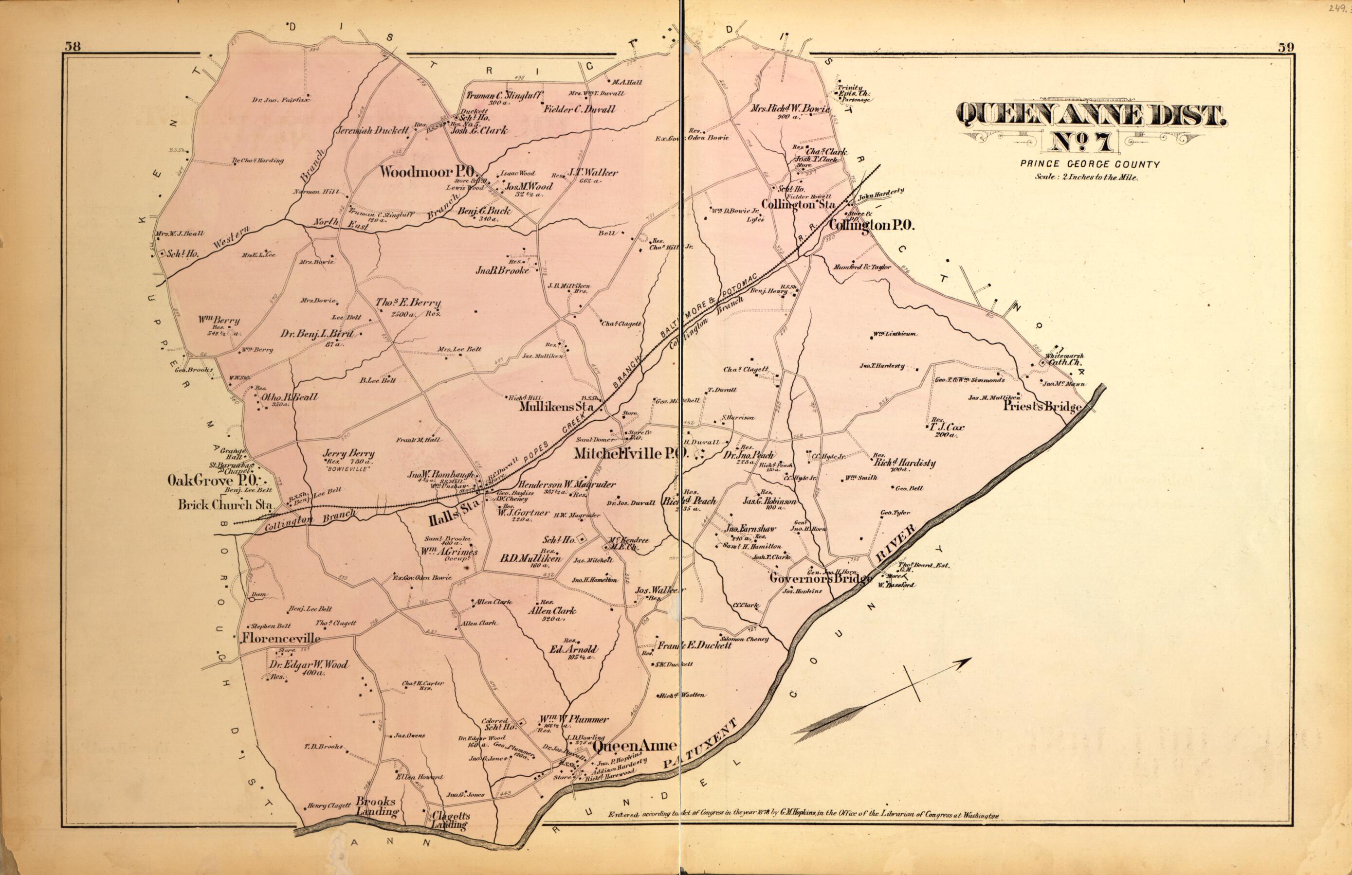 This old map of Queen Anne Dist. No. 7 from Atlas of Fifteen Miles Around Washington, Including the County of Montgomery, Maryland from 1879 was created by Griffith Morgan Hopkins in 1879