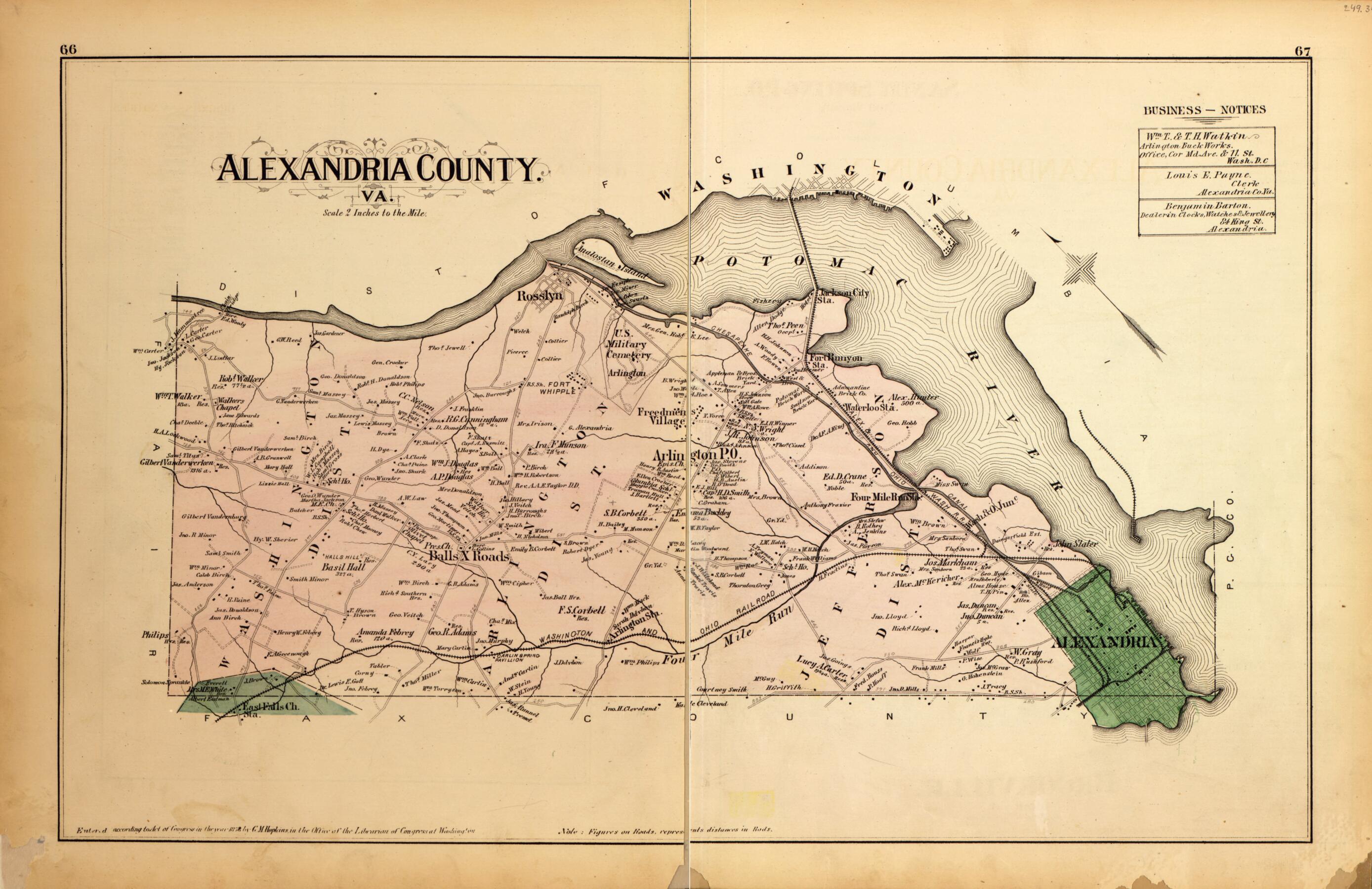 This old map of Alexandria County from Atlas of Fifteen Miles Around Washington, Including the County of Montgomery, Maryland from 1879 was created by Griffith Morgan Hopkins in 1879