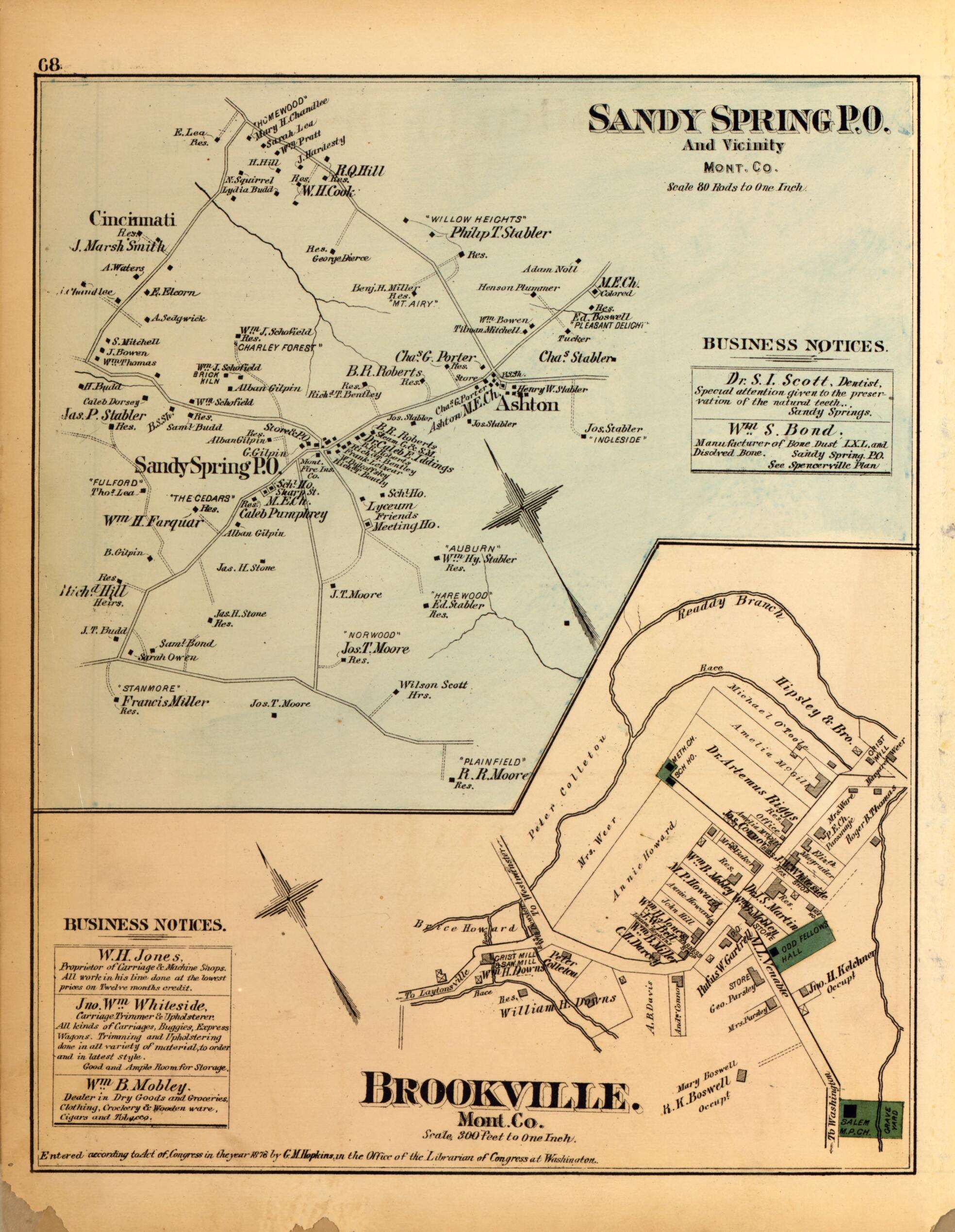 This old map of Sandy Spring P.O., Brookville from Atlas of Fifteen Miles Around Washington, Including the County of Montgomery, Maryland from 1879 was created by Griffith Morgan Hopkins in 1879