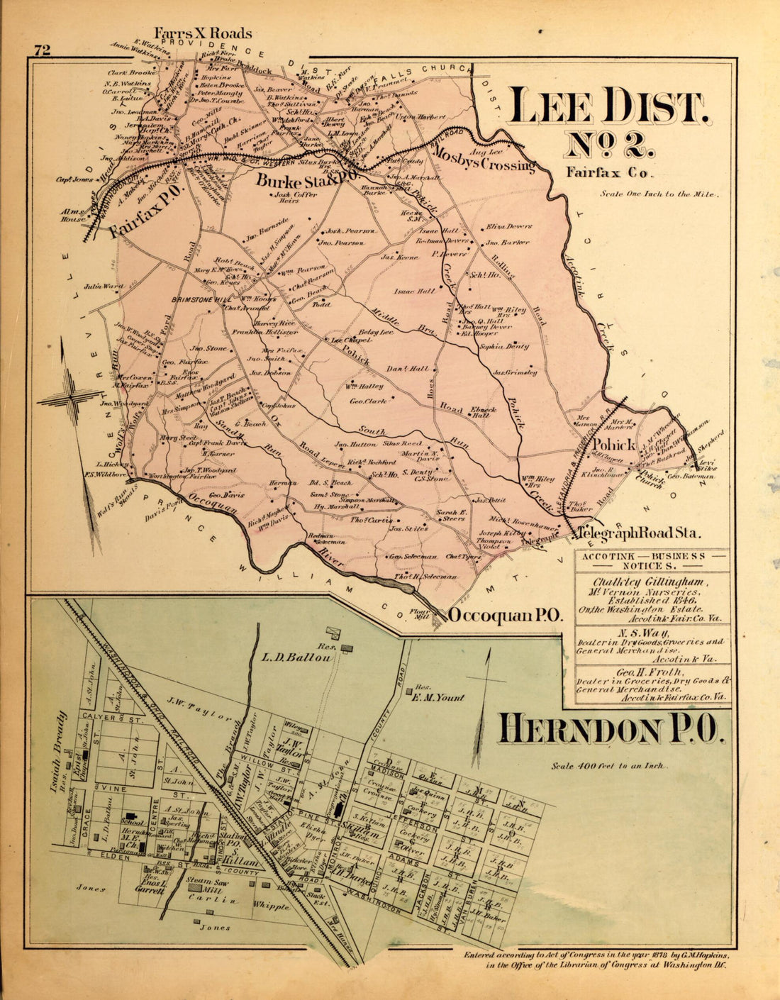This old map of Lee Dist. No. 2, Herndon P.O. from Atlas of Fifteen Miles Around Washington, Including the County of Montgomery, Maryland from 1879 was created by Griffith Morgan Hopkins in 1879