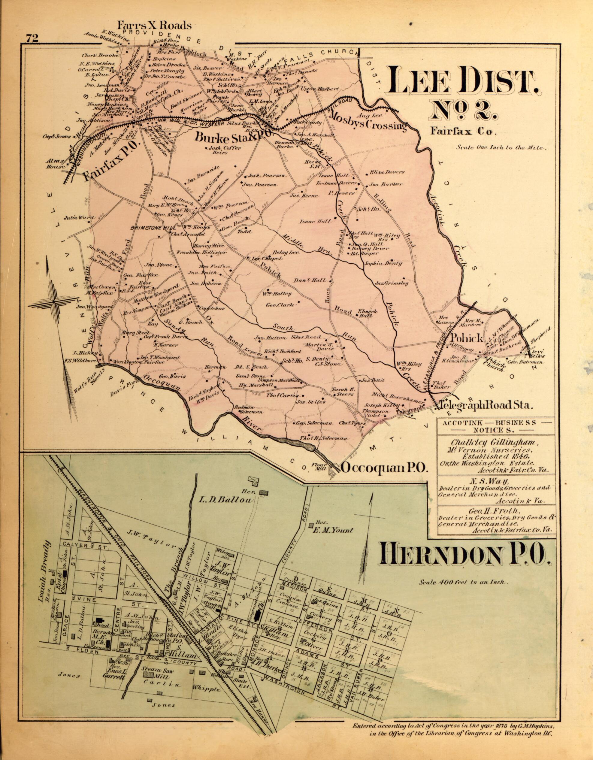 This old map of Lee Dist. No. 2, Herndon P.O. from Atlas of Fifteen Miles Around Washington, Including the County of Montgomery, Maryland from 1879 was created by Griffith Morgan Hopkins in 1879