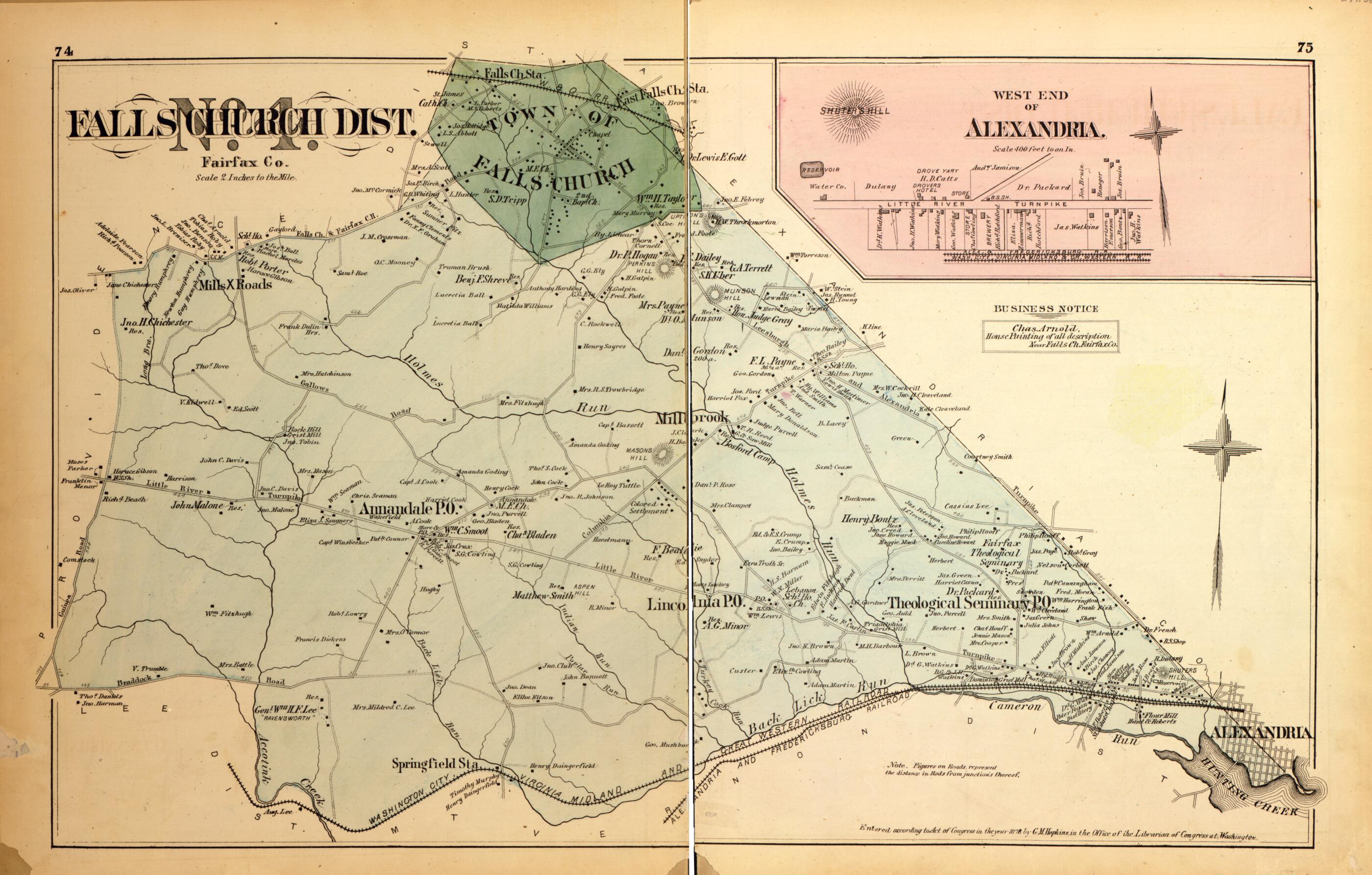 This old map of Falls Church Dist. No. 1 from Atlas of Fifteen Miles Around Washington, Including the County of Montgomery, Maryland from 1879 was created by Griffith Morgan Hopkins in 1879