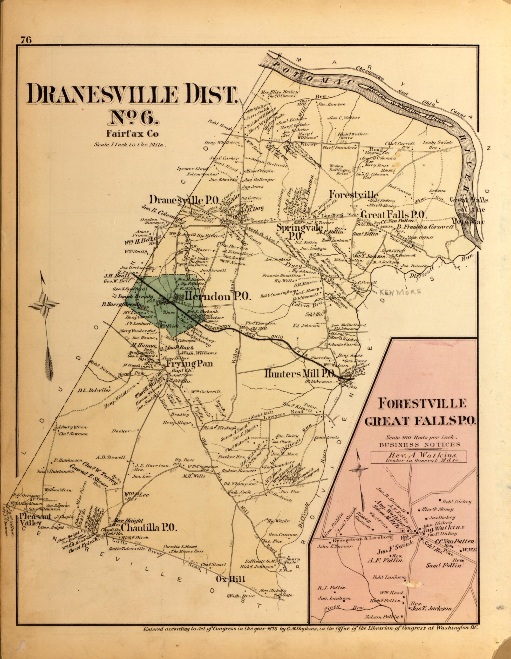 This old map of Dranesville Dist. No. 6 from Atlas of Fifteen Miles Around Washington, Including the County of Montgomery, Maryland from 1879 was created by Griffith Morgan Hopkins in 1879