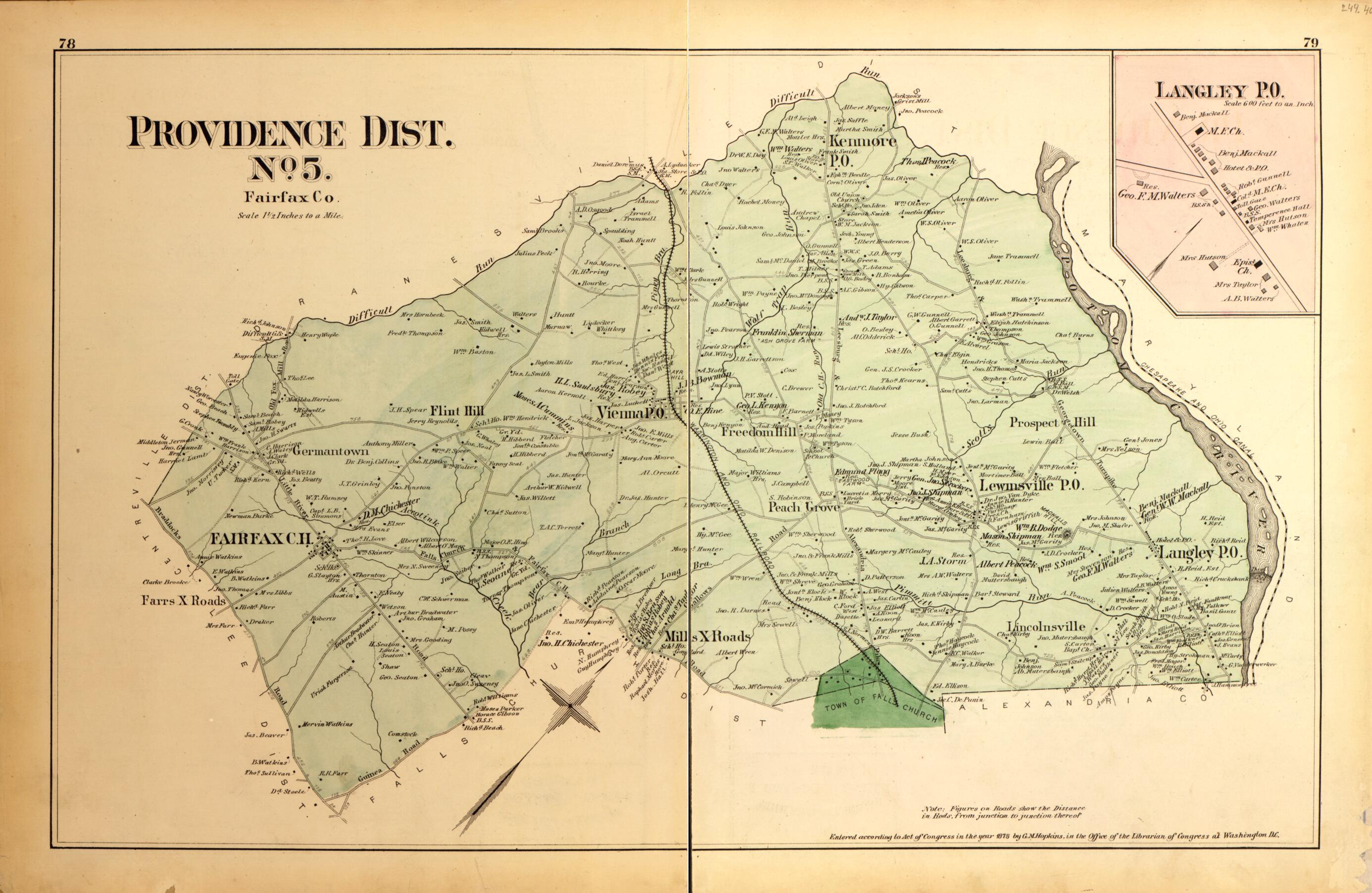 This old map of Providence Dist. No. 5, Langley P.O. from Atlas of Fifteen Miles Around Washington, Including the County of Montgomery, Maryland from 1879 was created by Griffith Morgan Hopkins in 1879