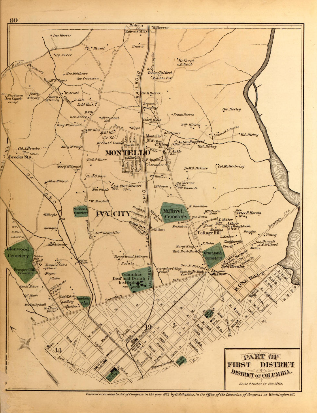 This old map of Part of First Dist. of District of Columbia from Atlas of Fifteen Miles Around Washington, Including the County of Montgomery, Maryland from 1879 was created by Griffith Morgan Hopkins in 1879