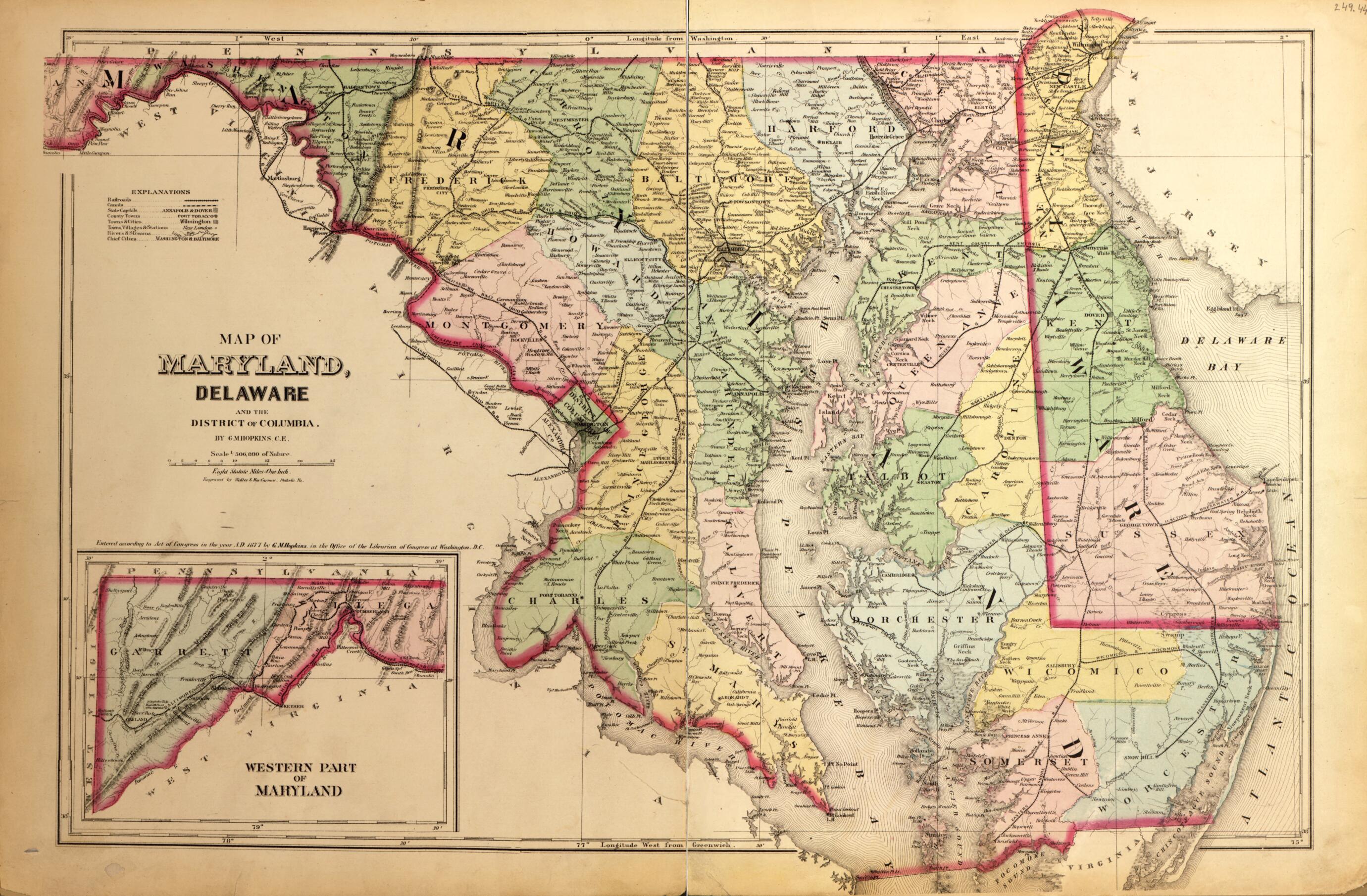 This old map of Maryland, Delaware from Atlas of Fifteen Miles Around Washington, Including the County of Montgomery, Maryland from 1879 was created by Griffith Morgan Hopkins in 1879