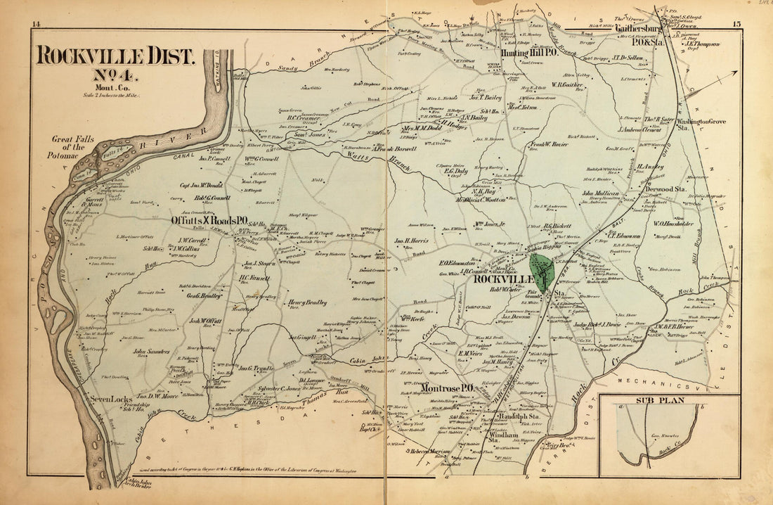 This old map of Rockville Dist. No. 4 from Atlas of Fifteen Miles Around Washington, Including the County of Montgomery, Maryland from 1879 was created by Griffith Morgan Hopkins in 1879