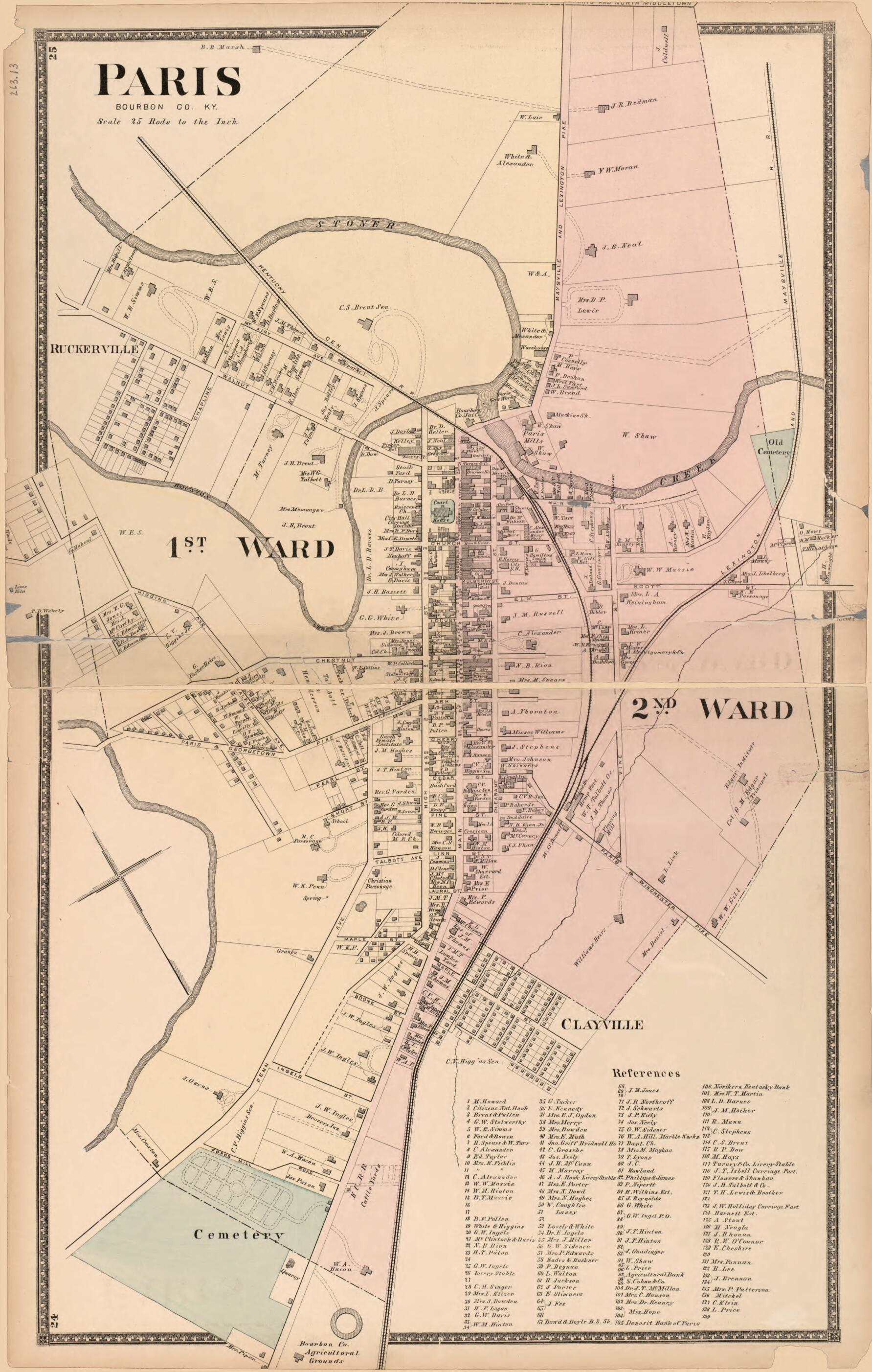 This old map of Paris from Atlas of Bourbon, Clark, Fayette, Jessamine and Woodford Counties, Kentucky from 1877 was created by D.G. Beers & Co in 1877