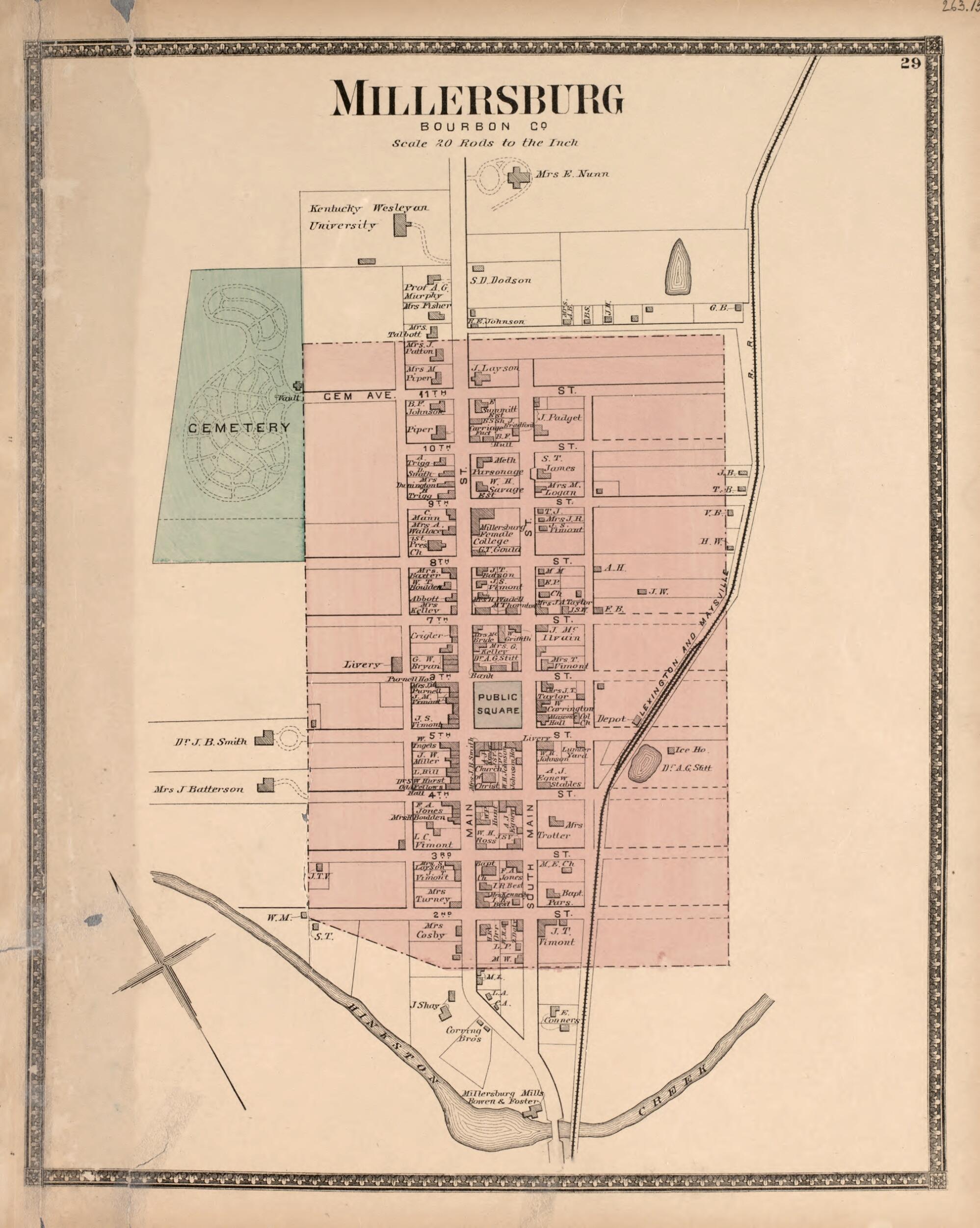 This old map of Millersburg from Atlas of Bourbon, Clark, Fayette, Jessamine and Woodford Counties, Kentucky from 1877 was created by D.G. Beers & Co in 1877