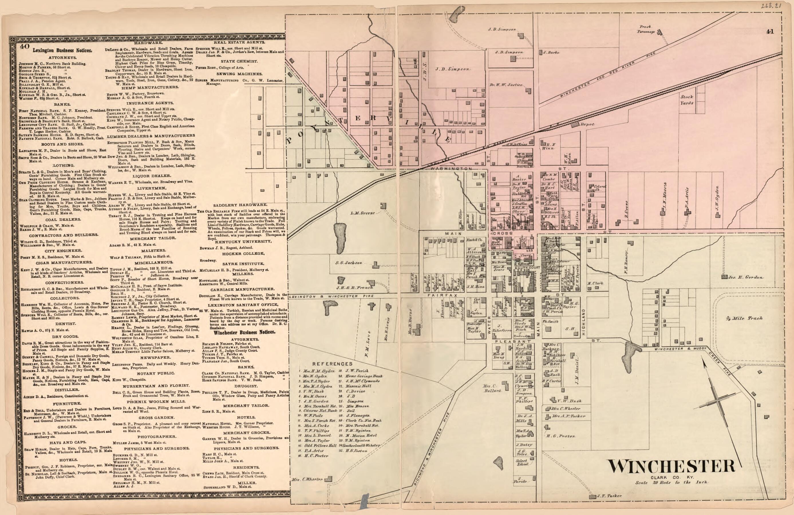 This old map of Winchester from Atlas of Bourbon, Clark, Fayette, Jessamine and Woodford Counties, Kentucky from 1877 was created by D.G. Beers & Co in 1877