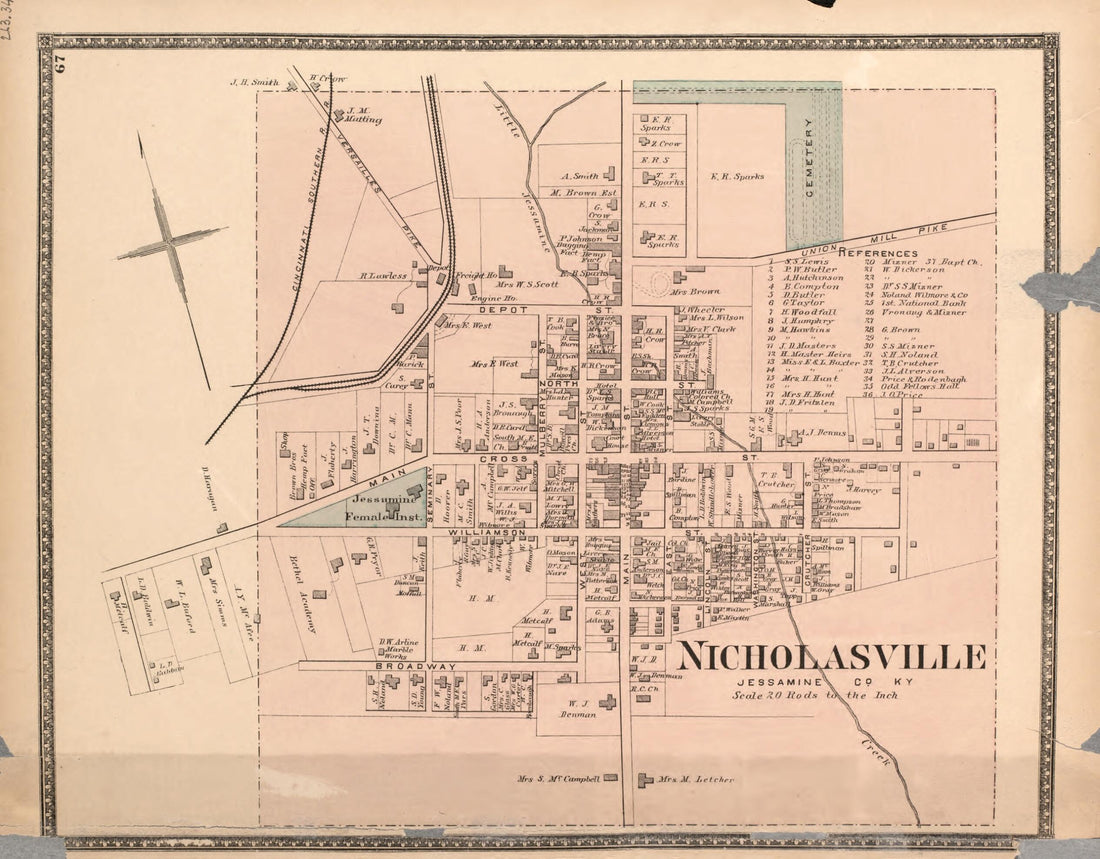 This old map of Nicholasville, Jassamine Co. from Atlas of Bourbon, Clark, Fayette, Jessamine and Woodford Counties, Kentucky from 1877 was created by D.G. Beers & Co in 1877