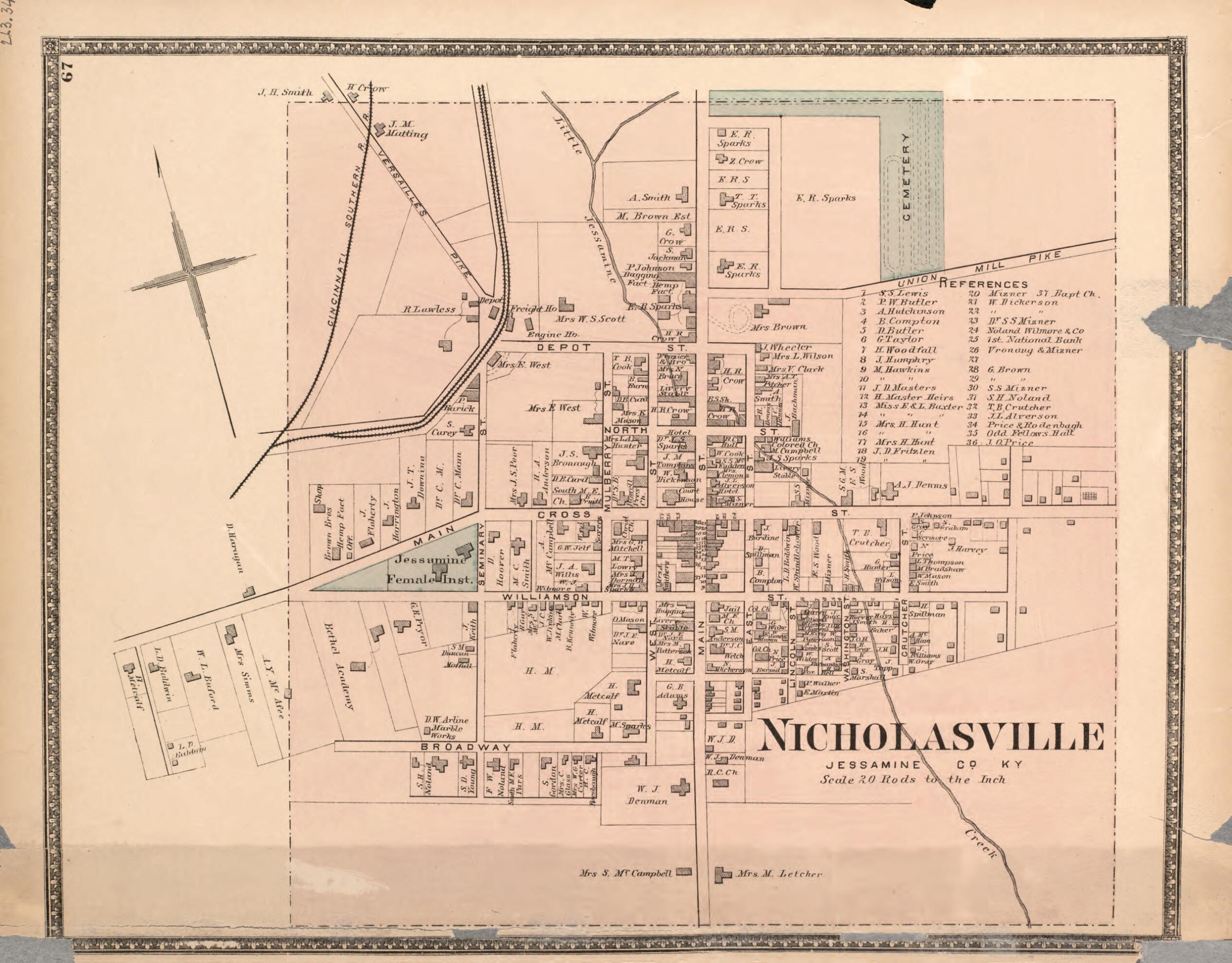 This old map of Nicholasville, Jassamine Co. from Atlas of Bourbon, Clark, Fayette, Jessamine and Woodford Counties, Kentucky from 1877 was created by D.G. Beers & Co in 1877