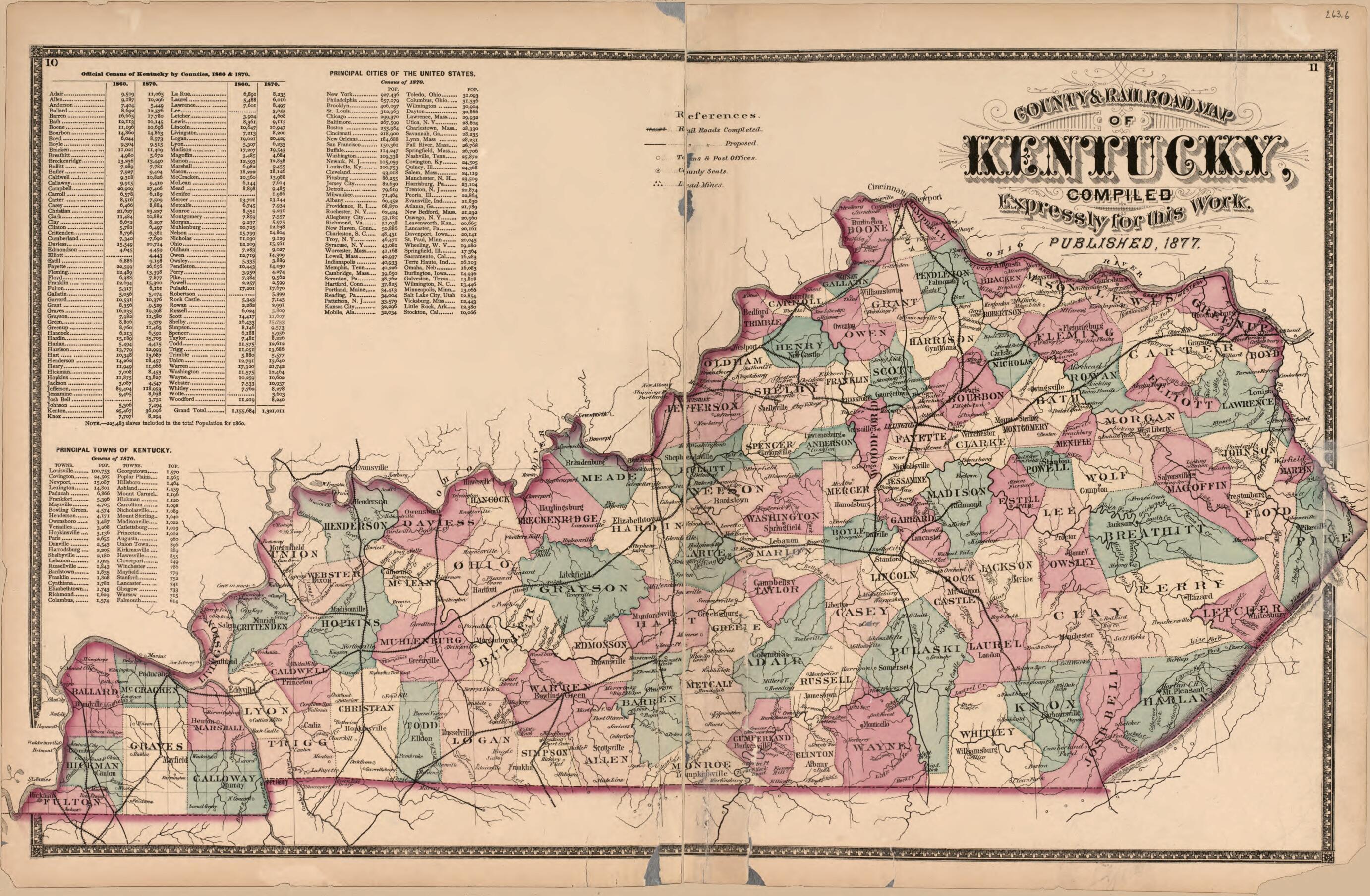 This old map of Kentucky from Atlas of Bourbon, Clark, Fayette, Jessamine and Woodford Counties, Kentucky from 1877 was created by D.G. Beers & Co in 1877