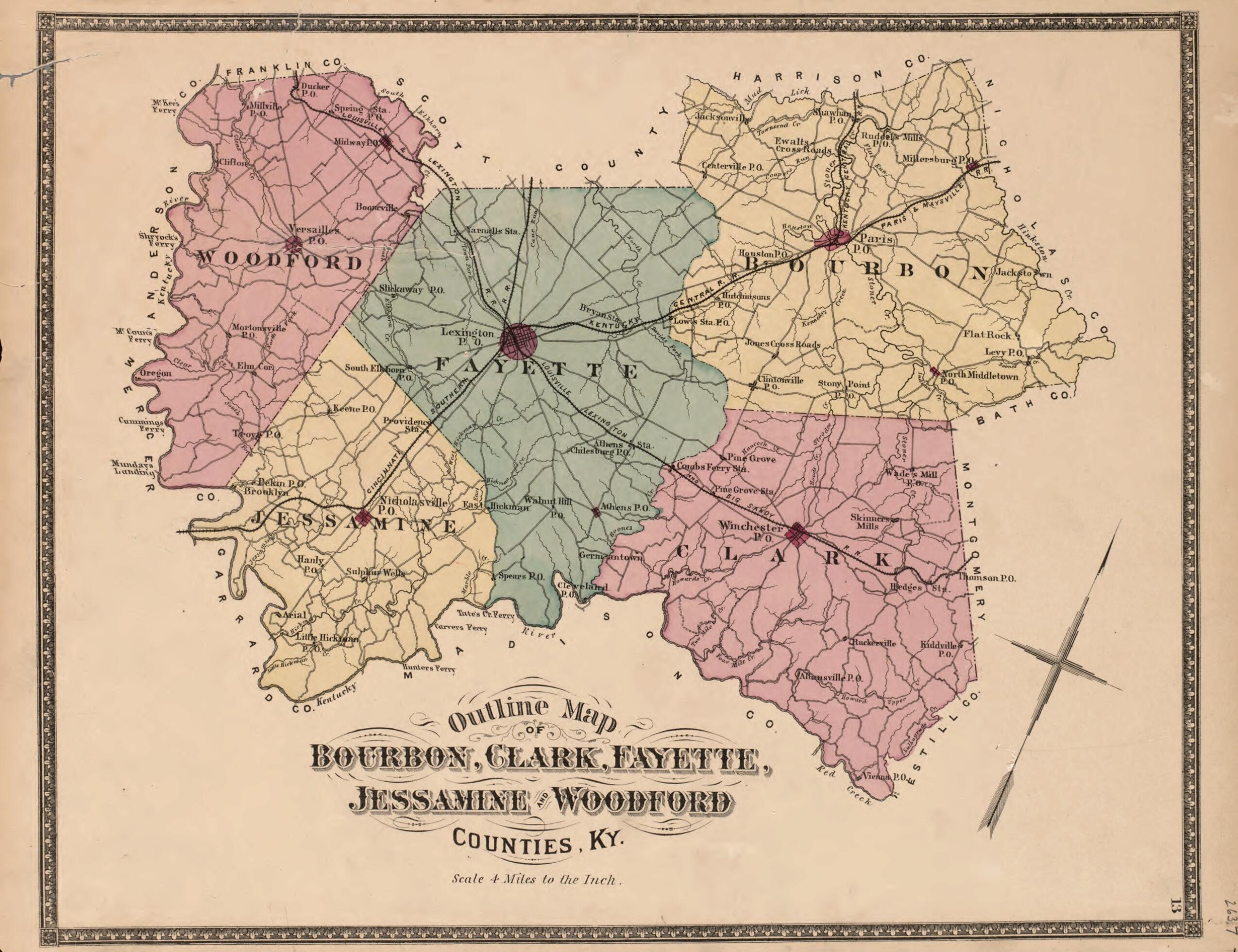 This old map of Outline Map of Bourbon, Clark, Fayette, Jessamine and Woodford Counties from Atlas of Bourbon, Clark, Fayette, Jessamine and Woodford Counties, Kentucky from 1877 was created by D.G. Beers & Co in 1877