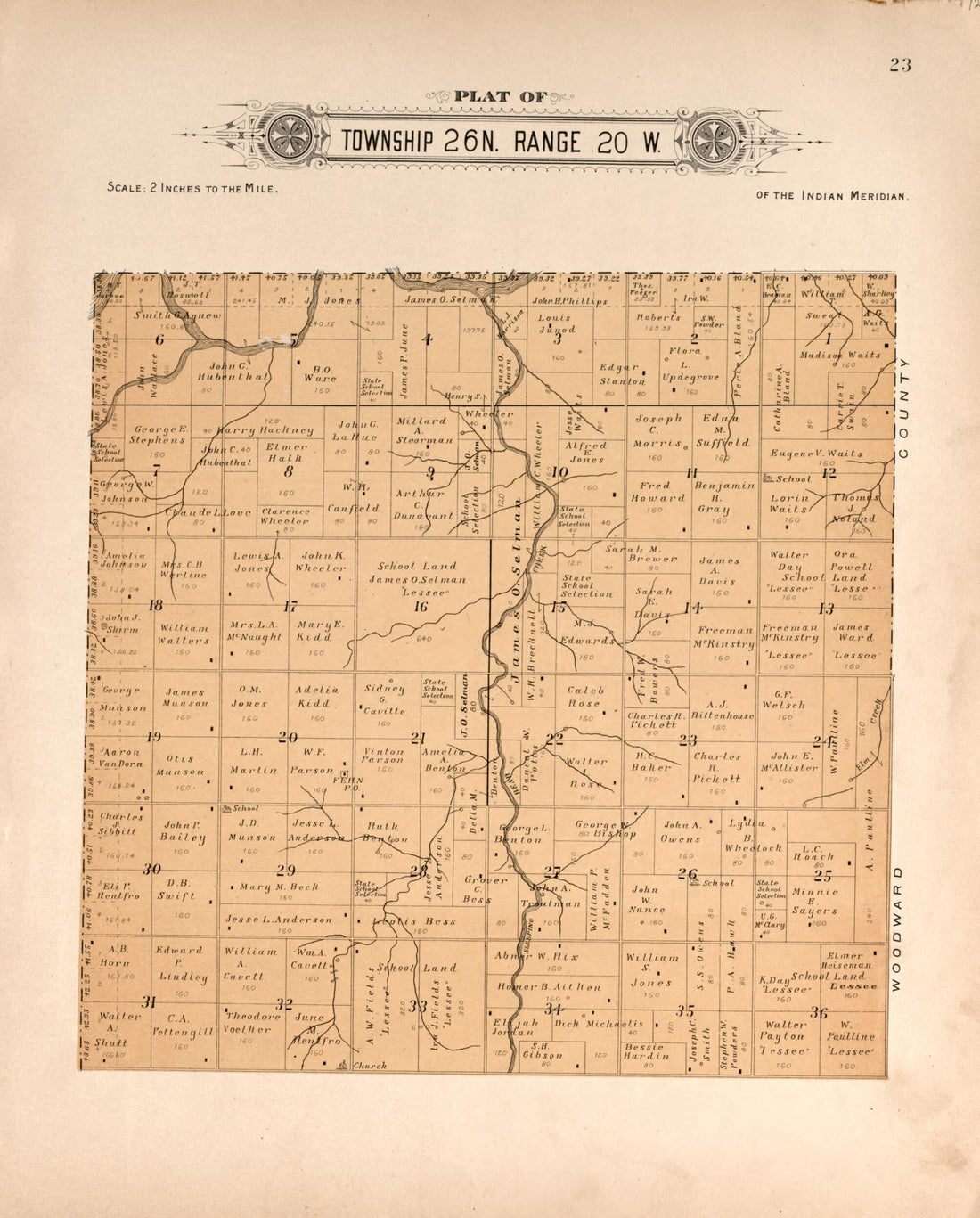 This old map of Township 26 Range 20 W from Plat Book of Harper County, Oklahoma from 1910 was created by Kan.) Western Publishing Co. (Ashland in 1910