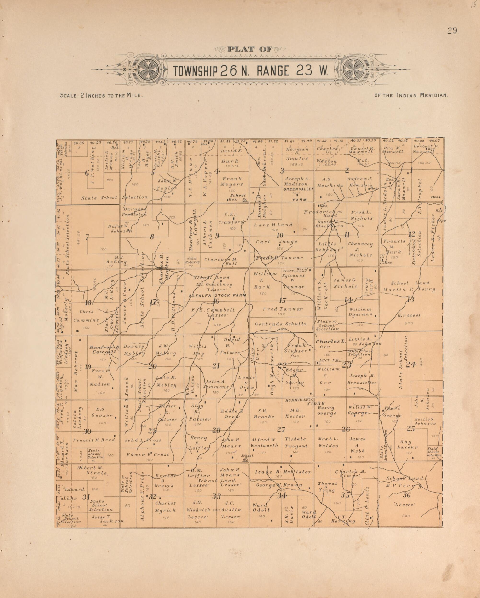 This old map of Township 26 Range 23 W from Plat Book of Harper County, Oklahoma from 1910 was created by Kan.) Western Publishing Co. (Ashland in 1910