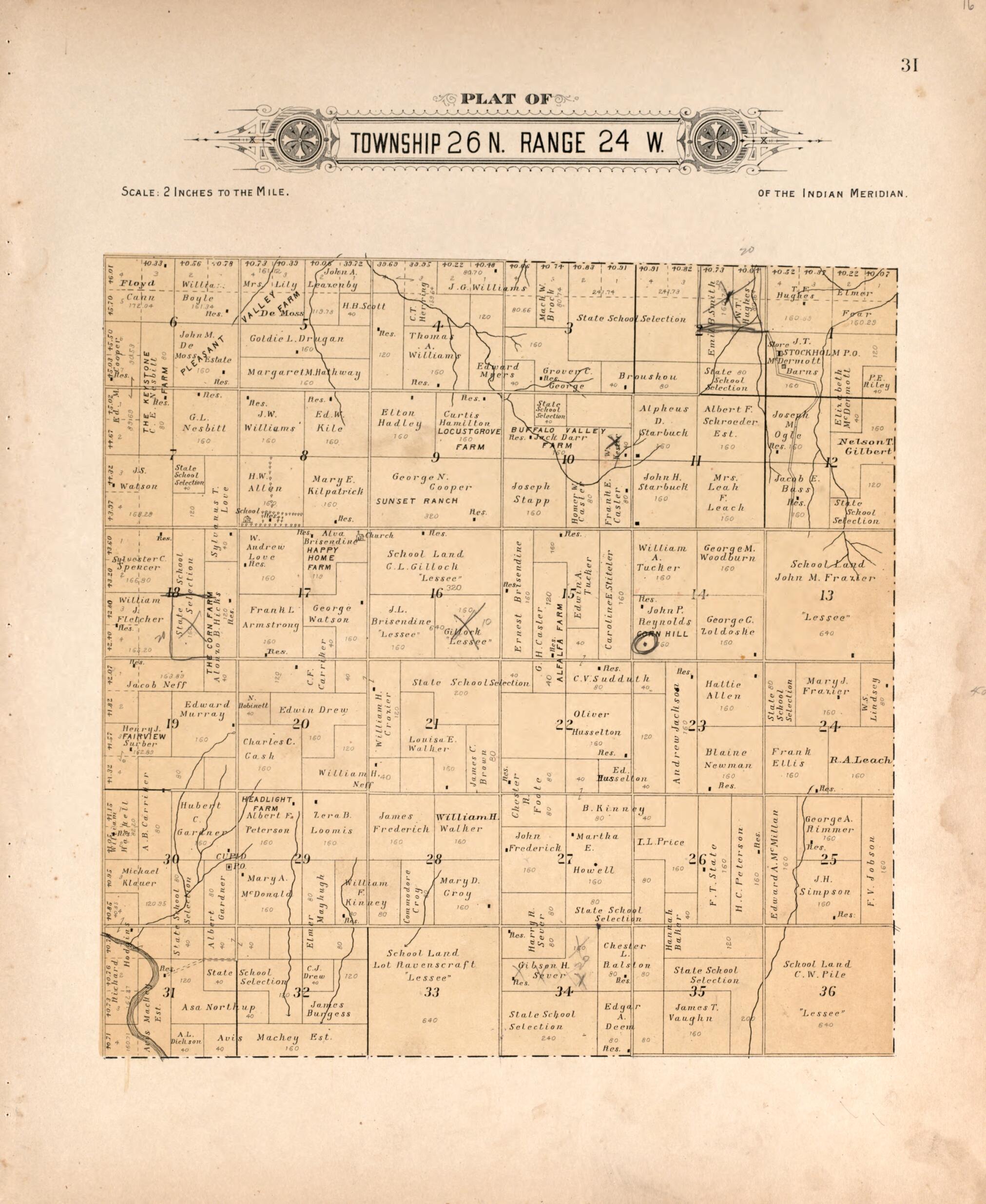 This old map of Township 26 Range 24 W from Plat Book of Harper County, Oklahoma from 1910 was created by Kan.) Western Publishing Co. (Ashland in 1910